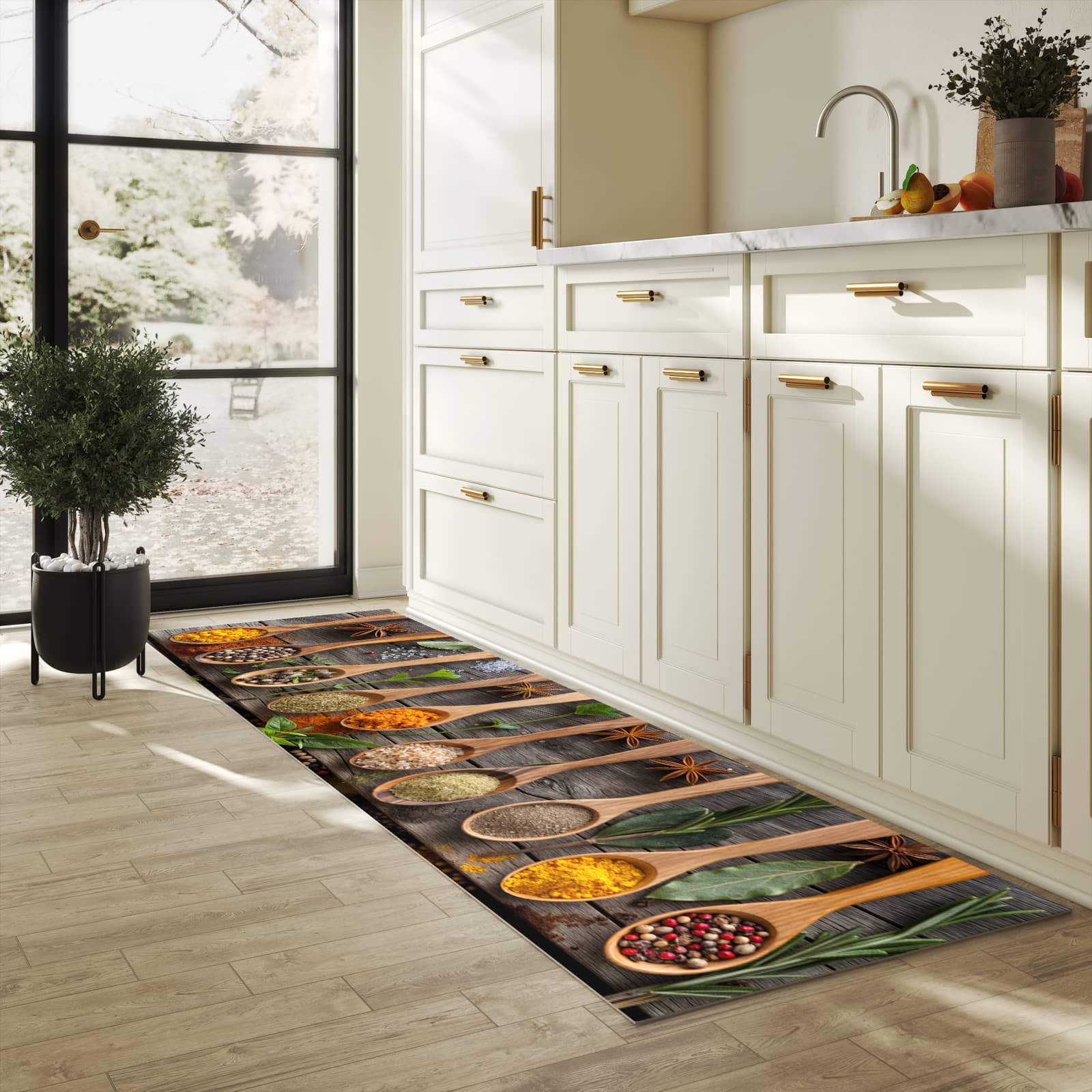 Wasserabweisender Küchenvorleger mit Motiv Sanfte Küchengewürze in heller Küche