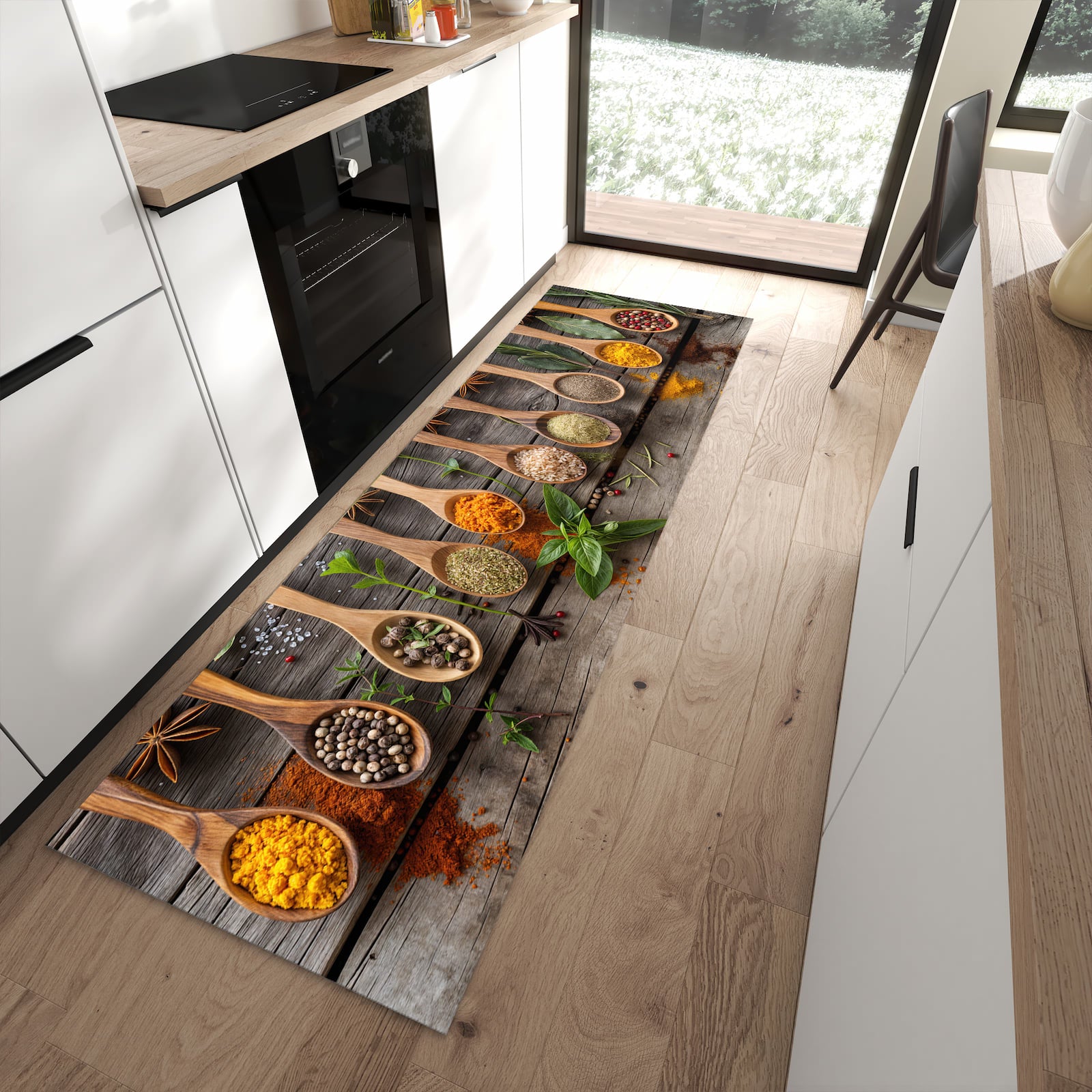 Geräuschdämpfender Teppich für Esstisch mit Motiv Sanfte Küchengewürze in moderner Küche