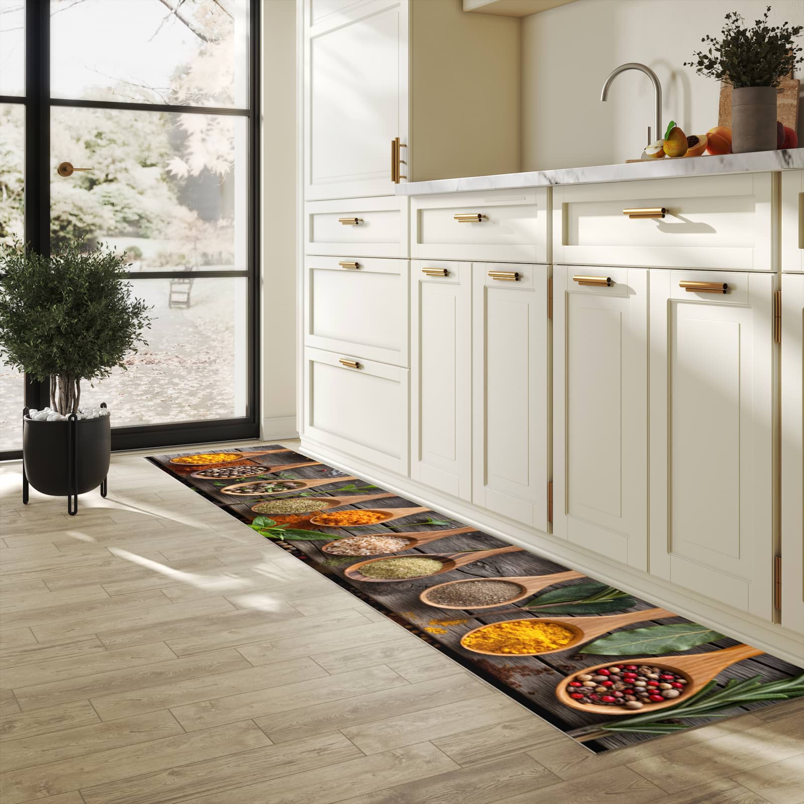 Rutschfester Küchenteppich mit Motiv Sanfte Küchengewürze in heller Küche