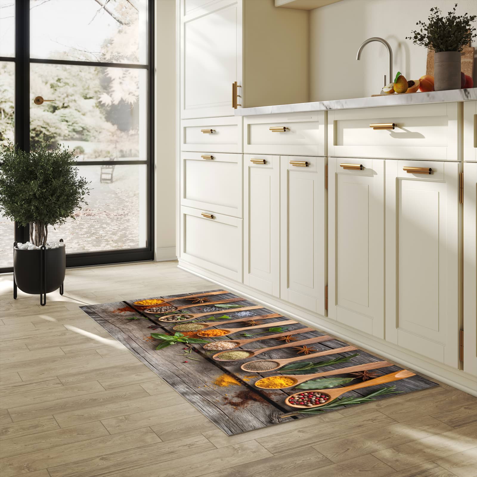 Schmutzabweisender Küchenläufer mit Motiv Sanfte Küchengewürze in heller Küche