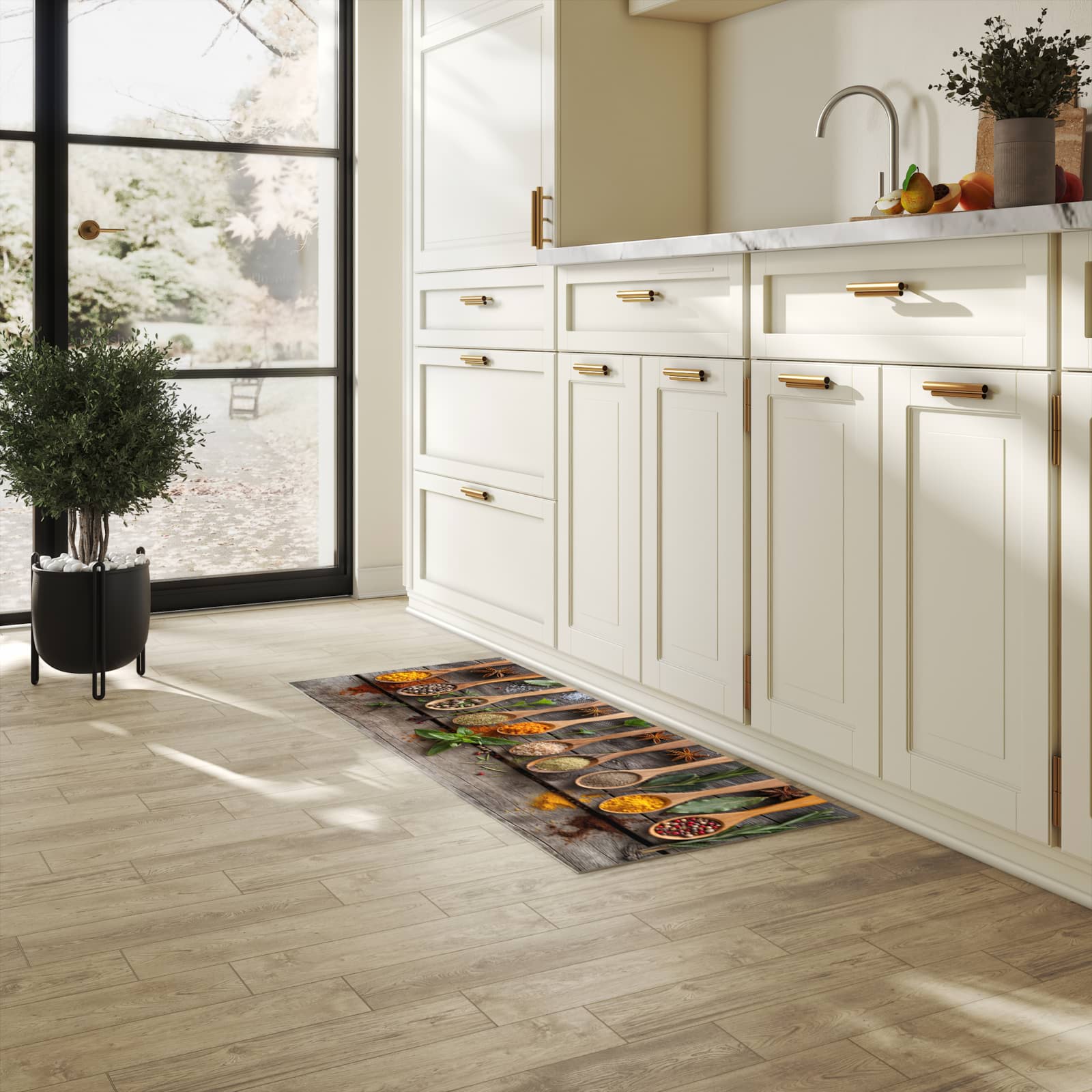 Hygienischer Küchenteppich mit Motiv Sanfte Küchengewürze in heller Küche