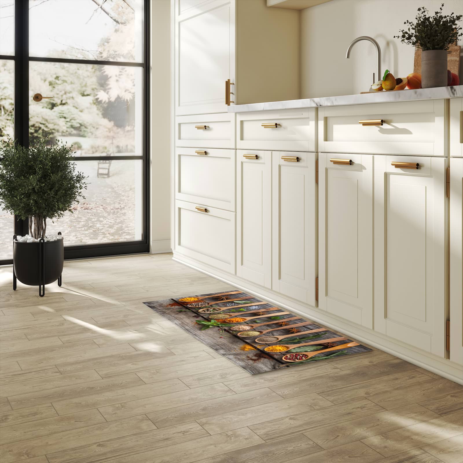 Küchenteppich mit Motiv Sanfte Küchengewürze für angenehme Haptik in heller Küche