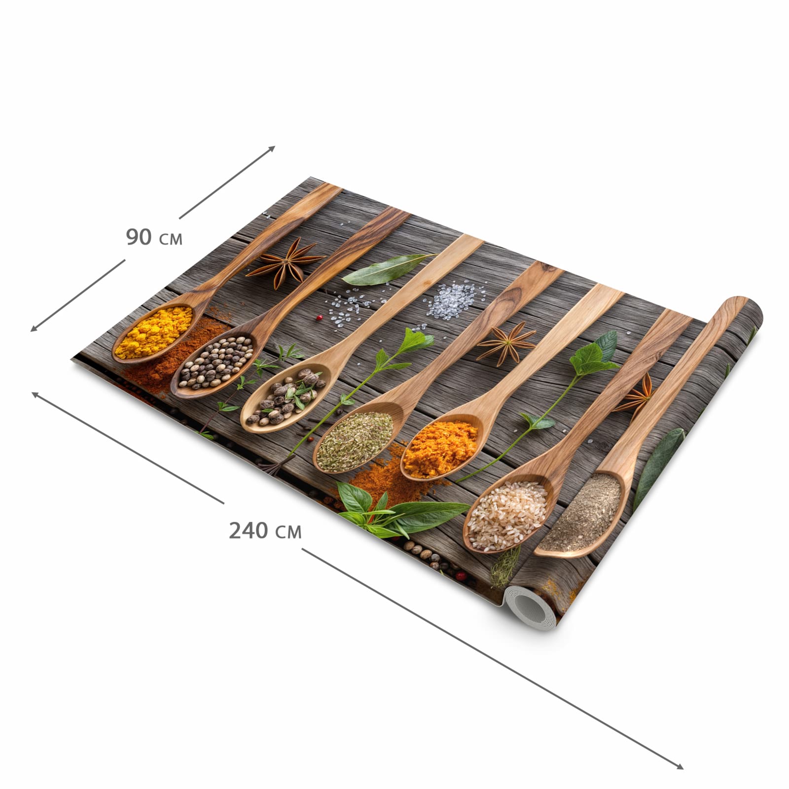 Rutschfester Küchenläufer mit Motiv Sanfte Küchengewürze in der Grösse 90x240 cm für Trittkomfort