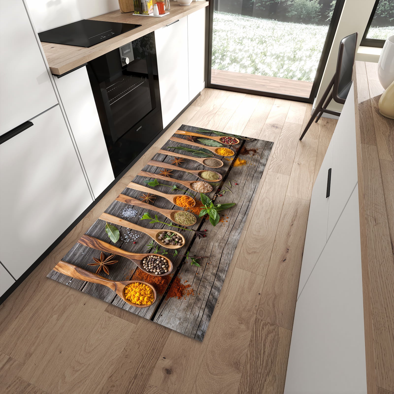 Komfortabler Bodenläufer-Teppich mit Motiv Sanfte Küchengewürze in moderner Küche