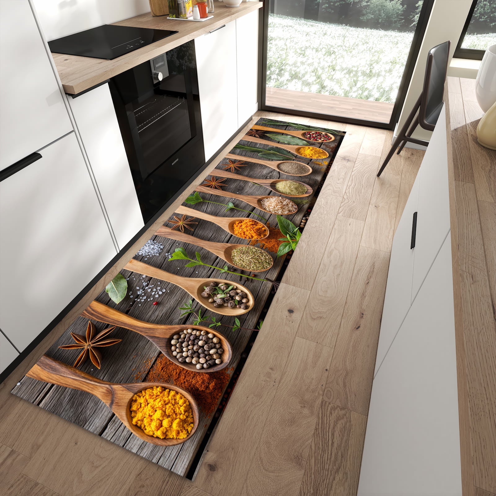 Abriebfester rutschfester Küchenteppich mit Motiv Sanfte Küchengewürze in moderner Küche
