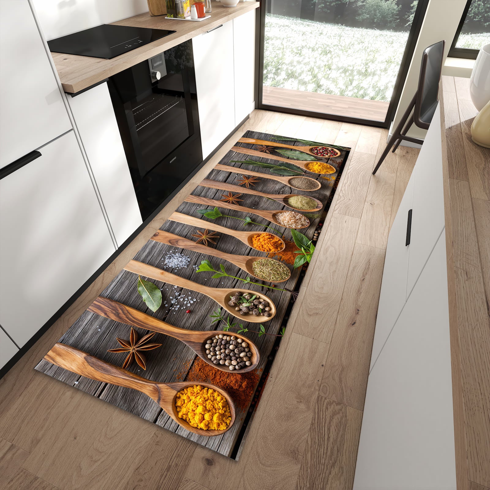 Wasserabweisender Küchenteppich mit Motiv Sanfte Küchengewürze in moderner Küche