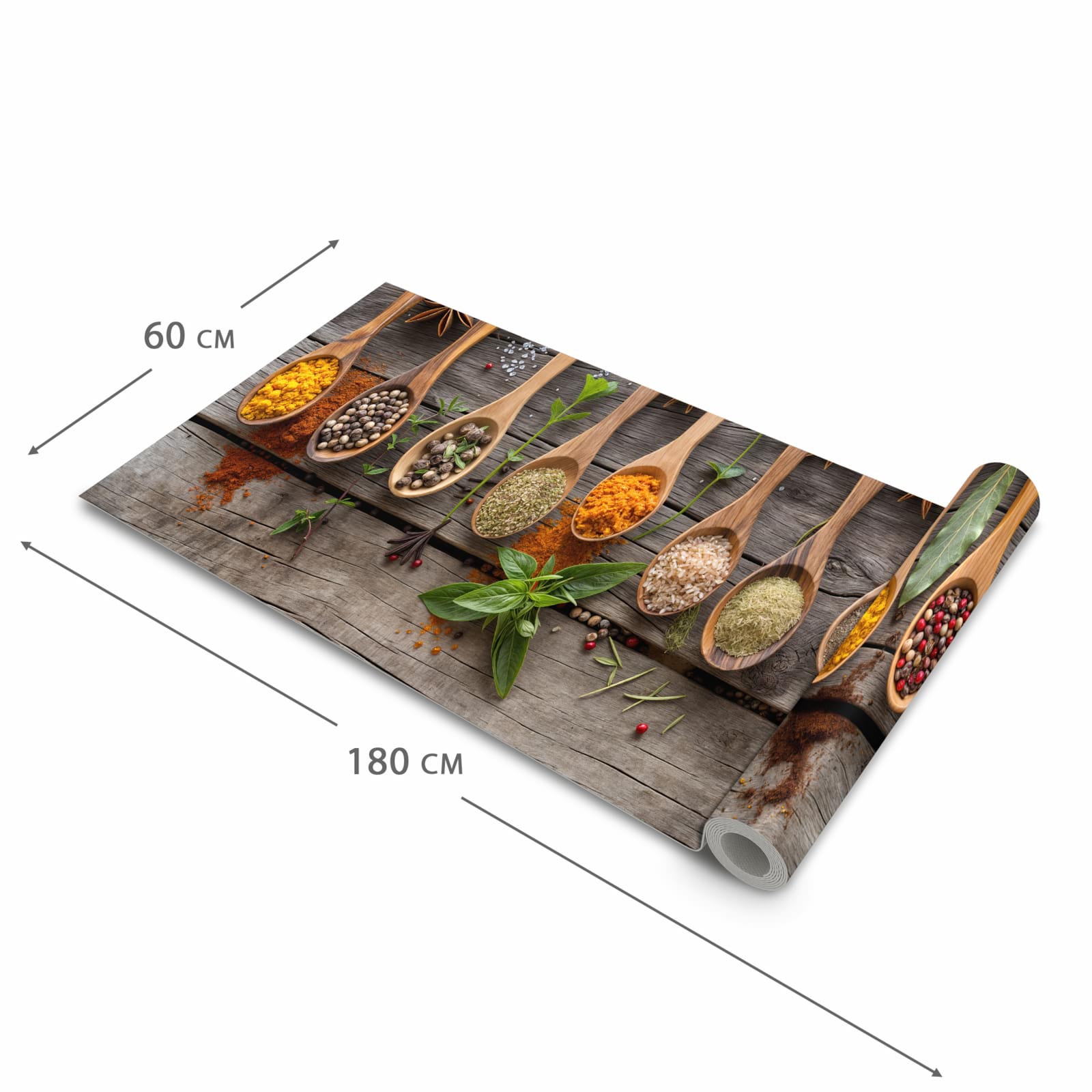 Bodenschonender Küchenteppich mit Motiv Sanfte Küchengewürze in der Grösse 90x240 cm, waschbar