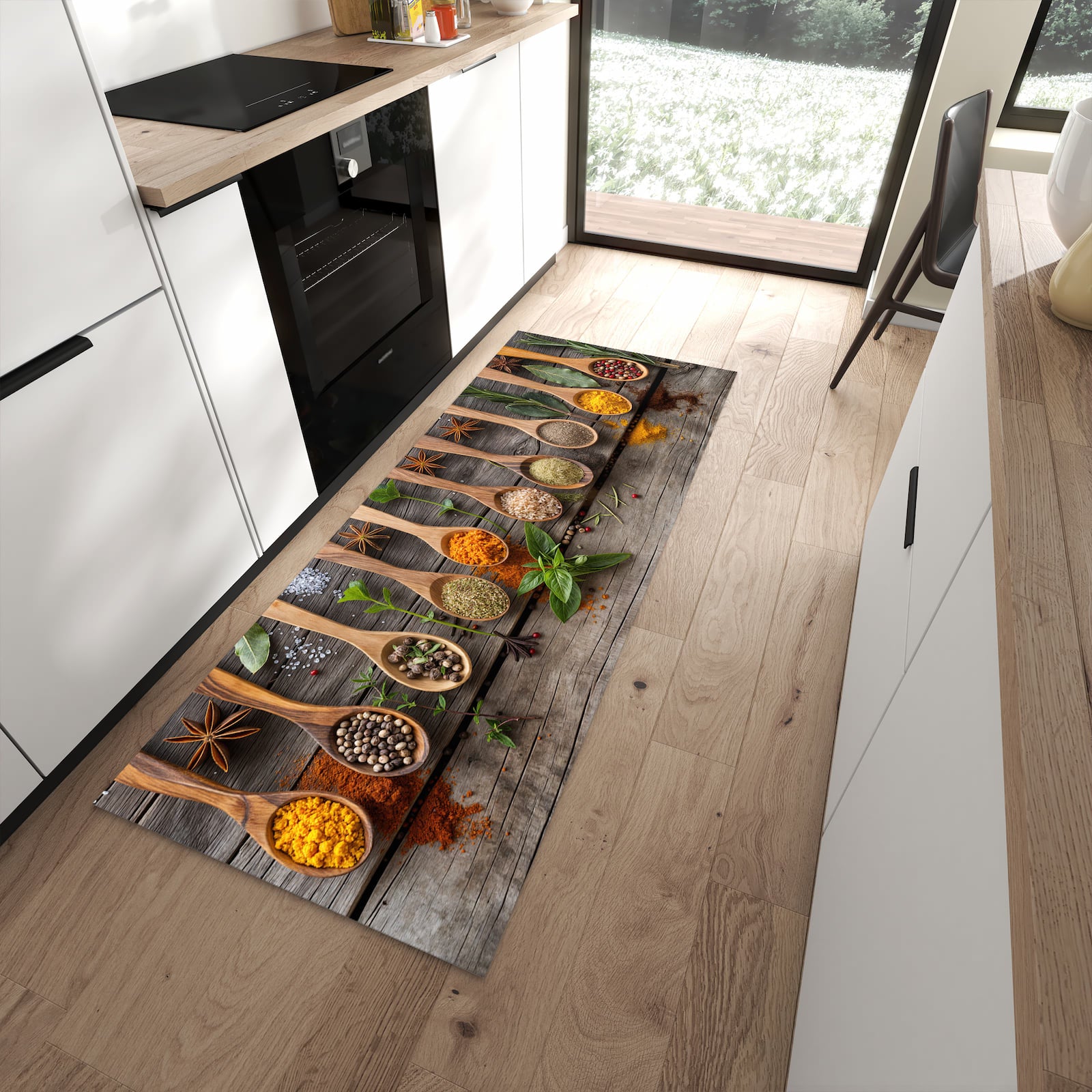 Waschbarer Teppich fürs Esszimmer mit Motiv Sanfte Küchengewürze in moderner Küche