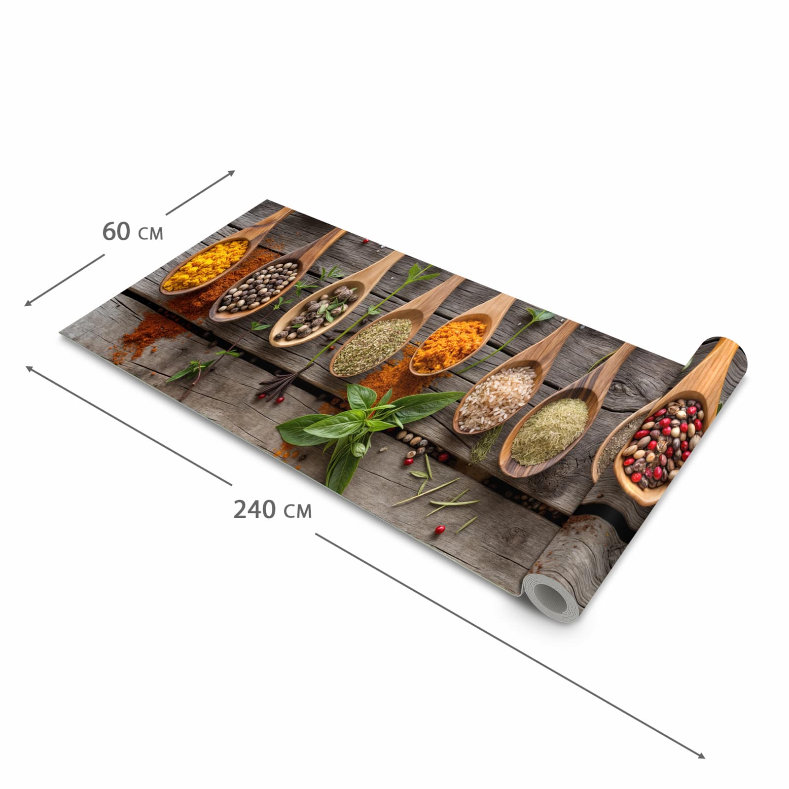 Waschbarer Küchenteppich mit Motiv Sanfte Küchengewürze in der Grösse 90x240 cm für Ordnung