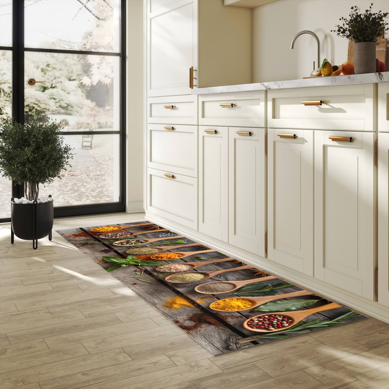 Küchenteppich mit Motiv Sanfte Küchengewürze für Trittkomfort in heller Küche
