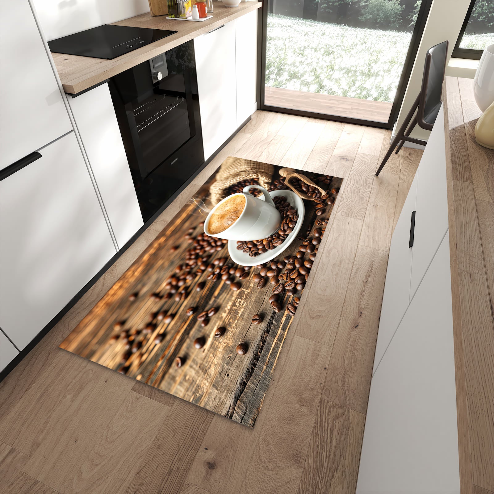 Langlebiger Küchenläufer mit Motiv Kaffee Geniessen in moderner Küche