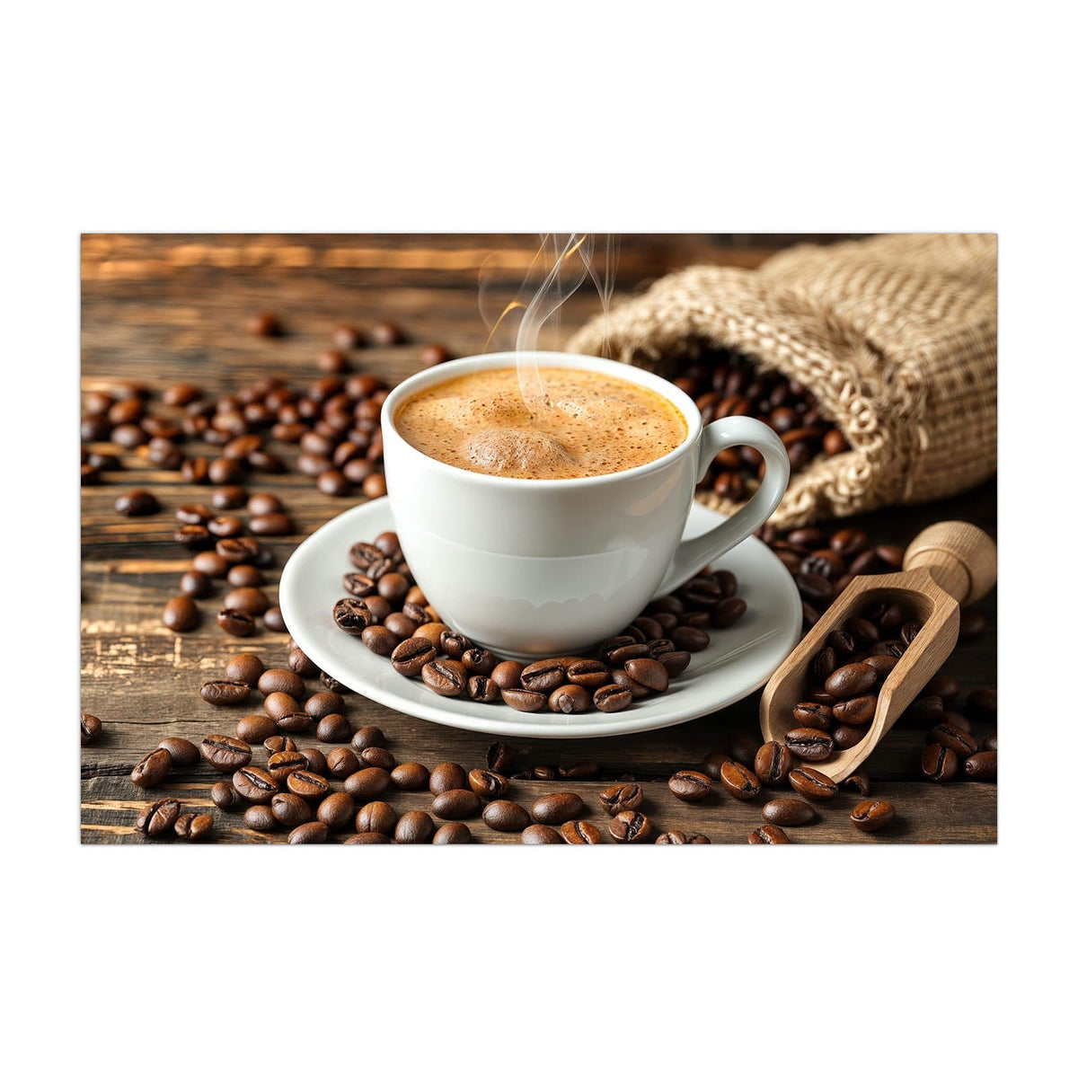 Küchenrückwand aus Glas Kaffee mit Holzschaufel im Hochformat, Motiv bildfüllend von vorn