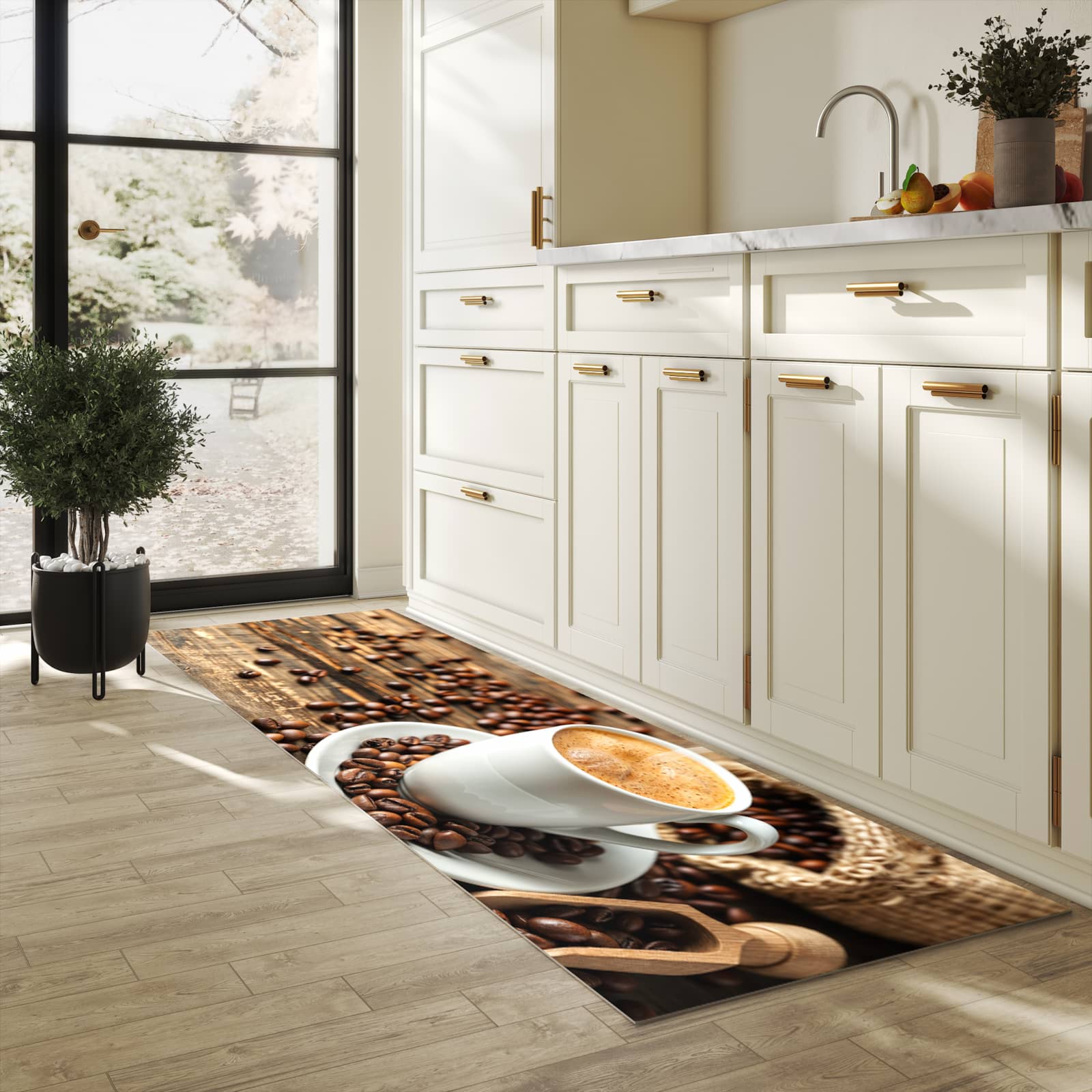 Pflegeleichter Küchenläufer mit Motiv Kaffee Geniessen in heller Küche