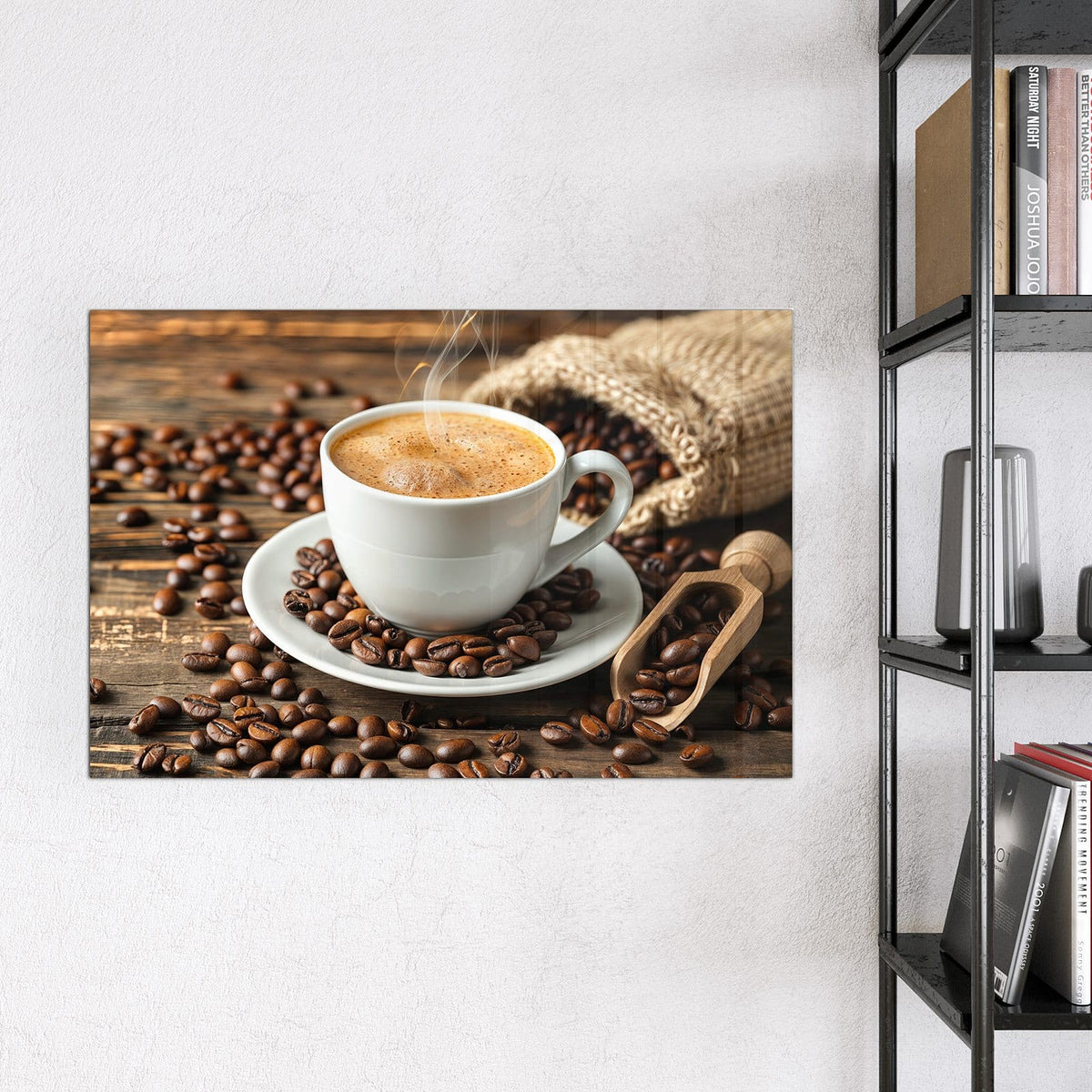 Magnettafel - Kaffee mit Holzschaufel – Dampfende Tasse neben Jutesack