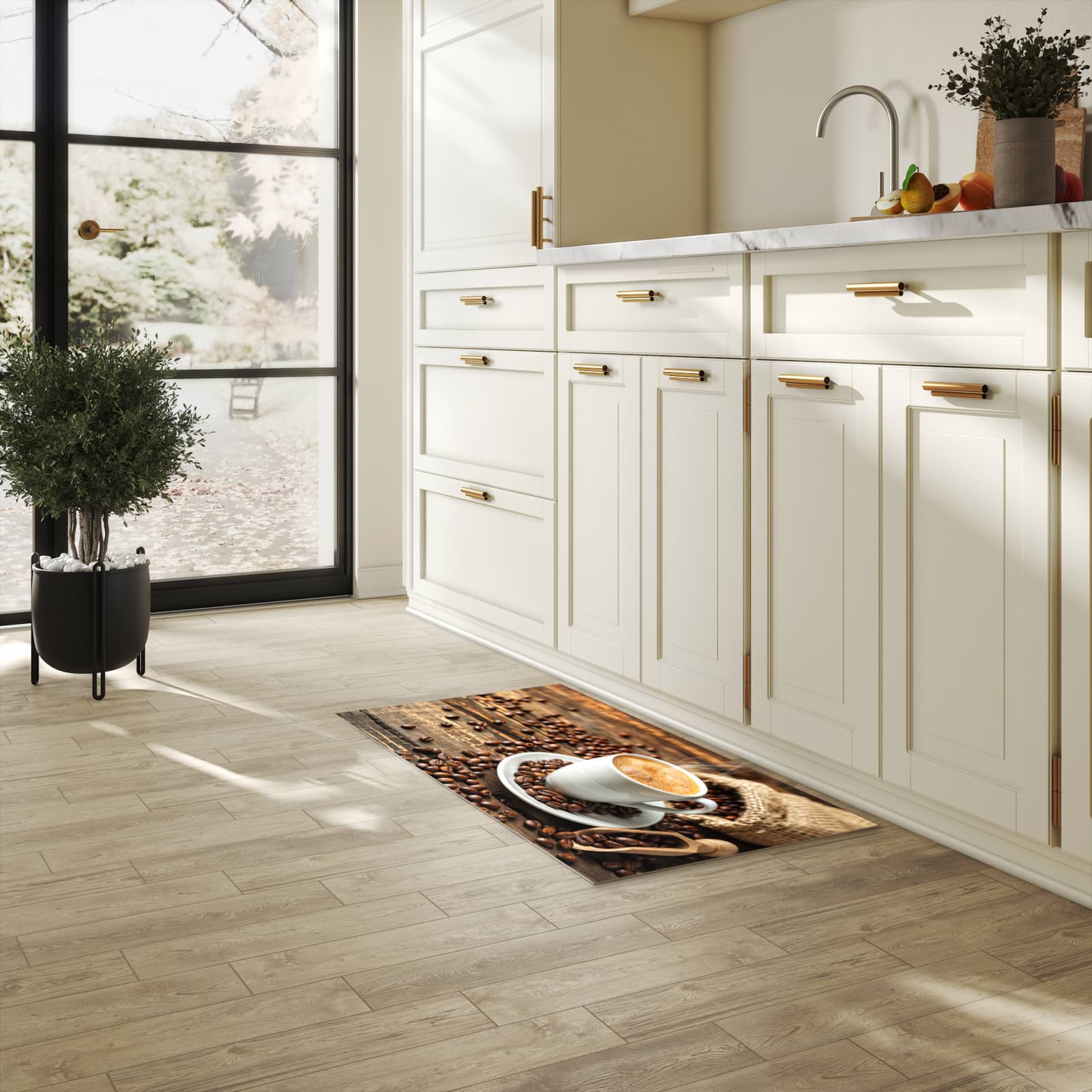 Abriebfester rutschfester Küchenläufer mit Motiv Kaffee Geniessen in heller Küche