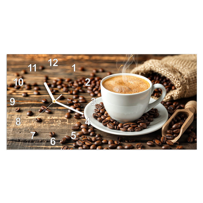 Wanduhr Kaffee Geniessen aus Glas – Querformat 60 × 30 cm mit Ziffernblatt Modern