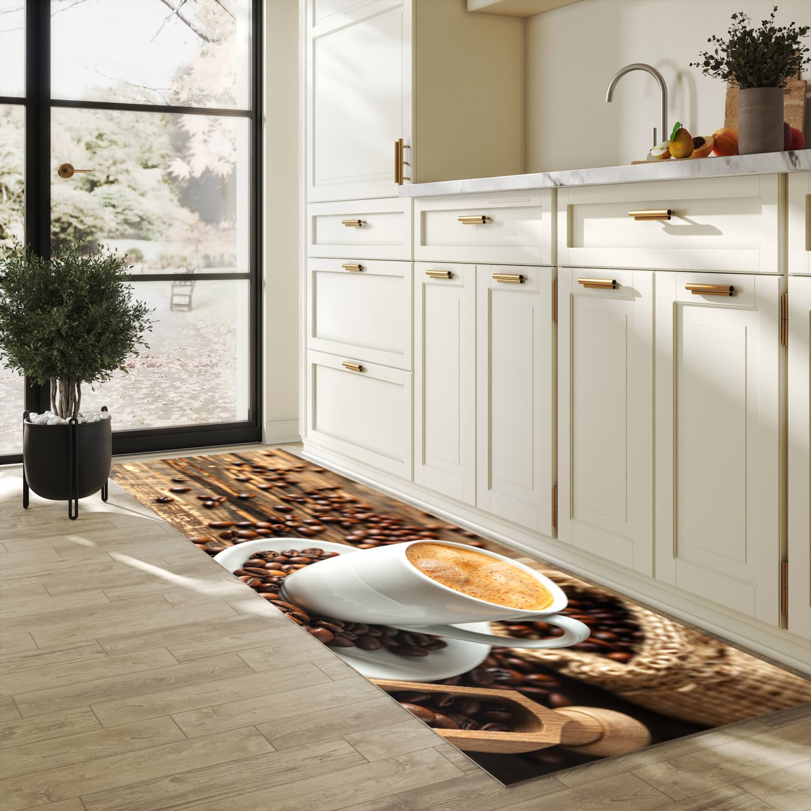 Komfortabler abwaschbarer Küchenteppich mit Motiv Kaffee Geniessen in heller Küche