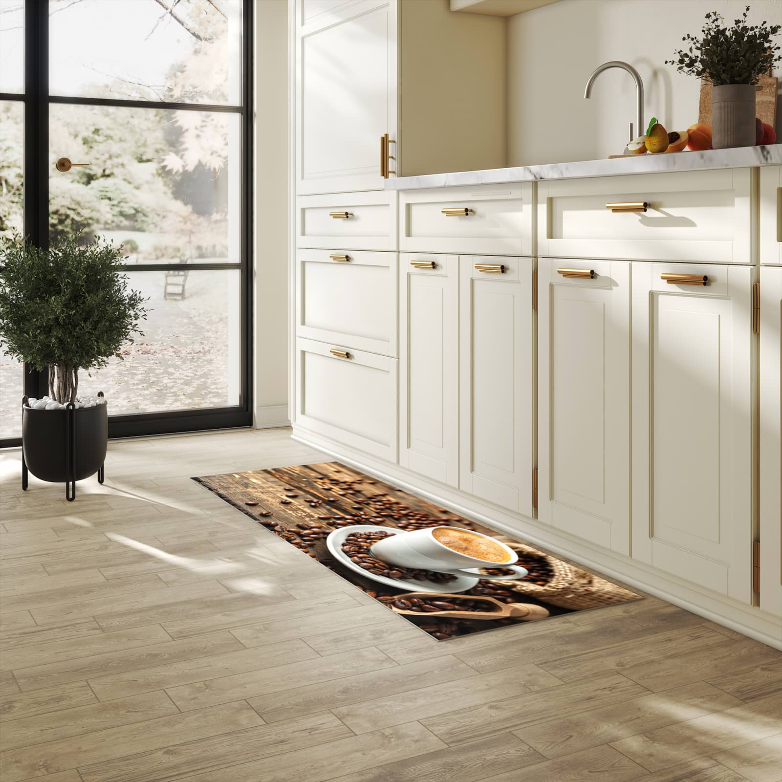 Rutschfester Küchenläufer mit Motiv Kaffee Geniessen für Trittkomfort in heller Küche