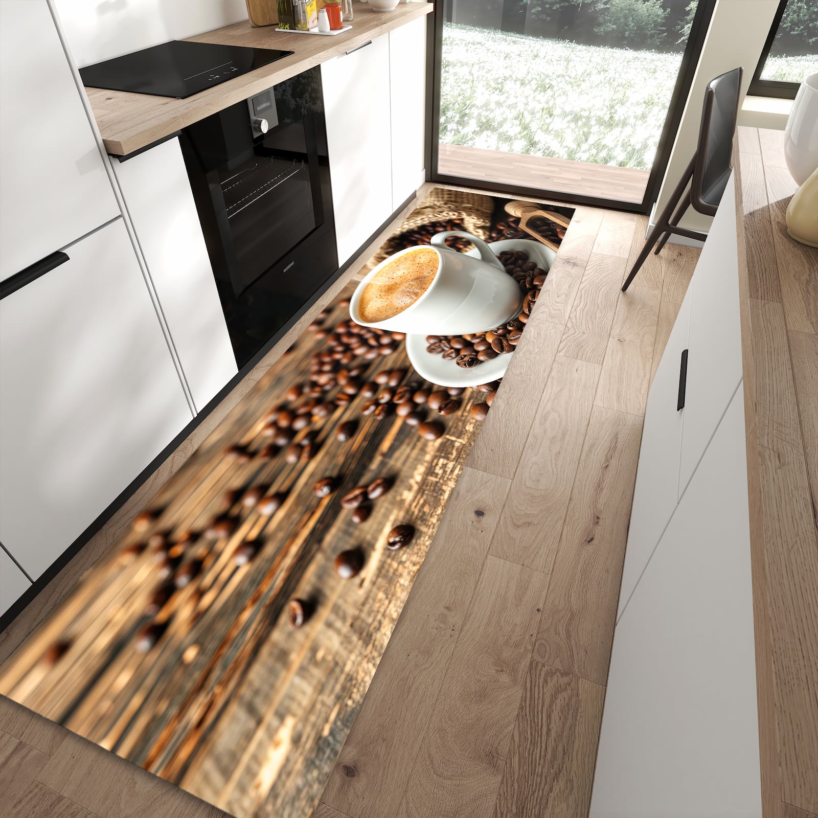 Waschbarer Küchenläufer mit Motiv Kaffee Geniessen in moderner Küche