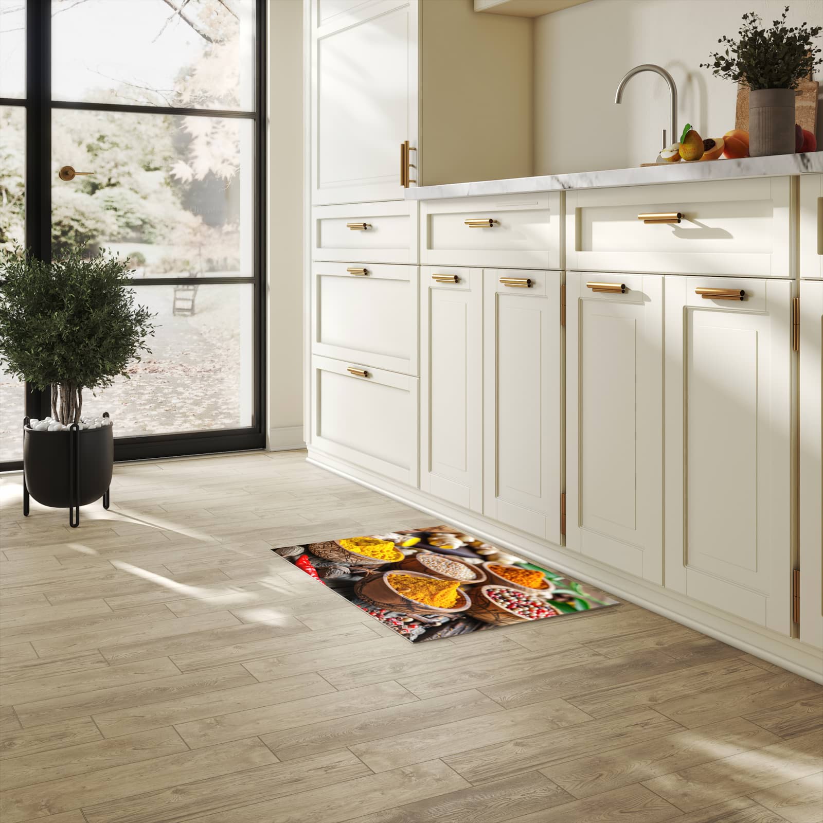 Waschbarer Küchenteppich mit Motiv Gewürze in Schalen für Ordnung in heller Küche