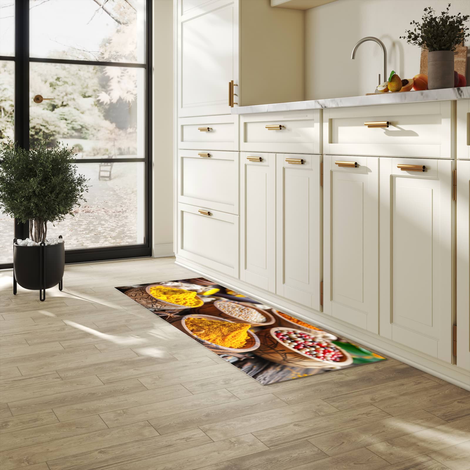 Langlebiger Küchenläufer mit Motiv Gewürze in Schalen in heller Küche