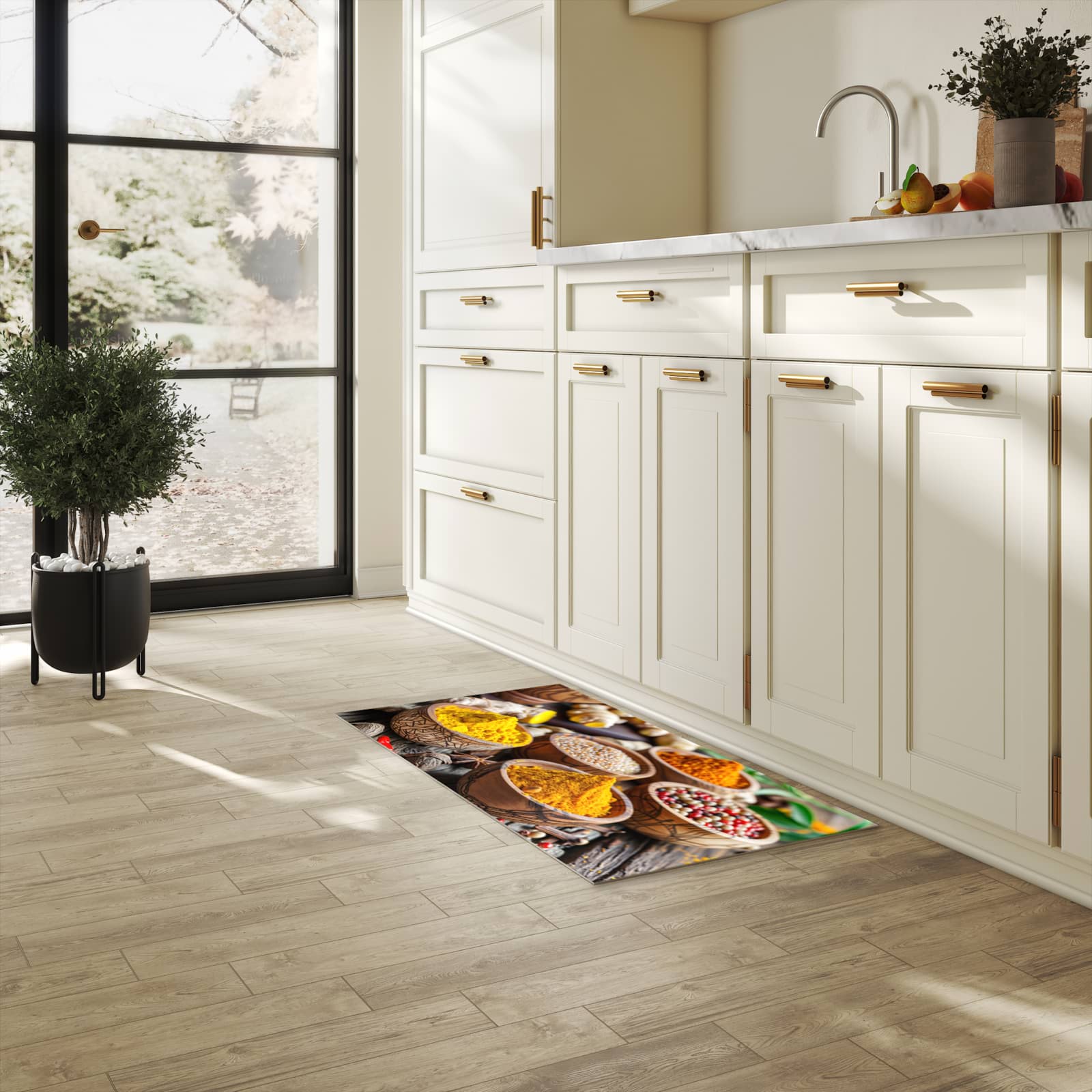 Strapazierfähiger Küchenteppich mit Motiv Gewürze in Schalen in heller Küche