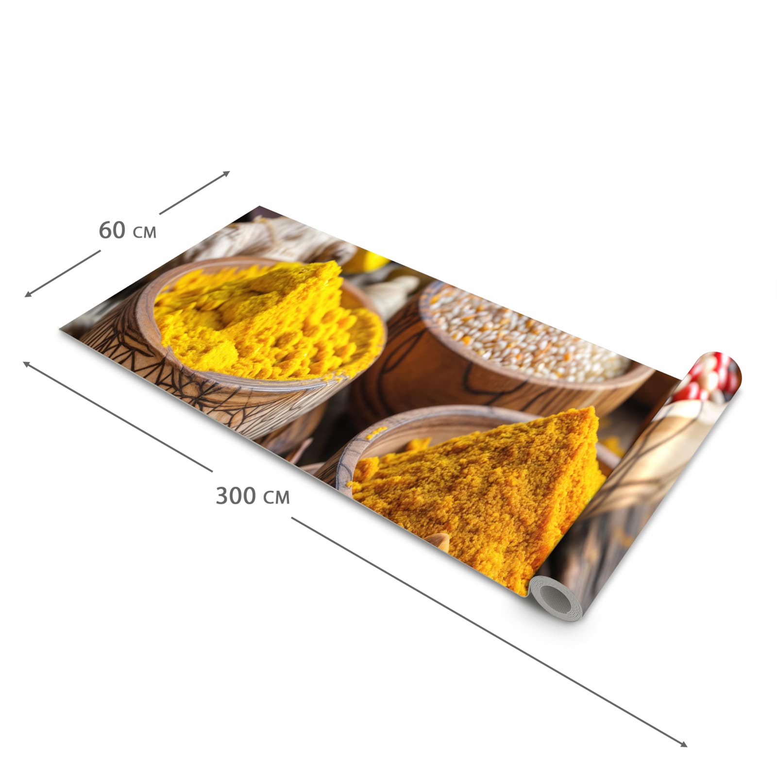 Küchenvorleger mit Motiv Gewürze in Schalen in der Grösse 90x180 cm für sichere Aufbewahrung