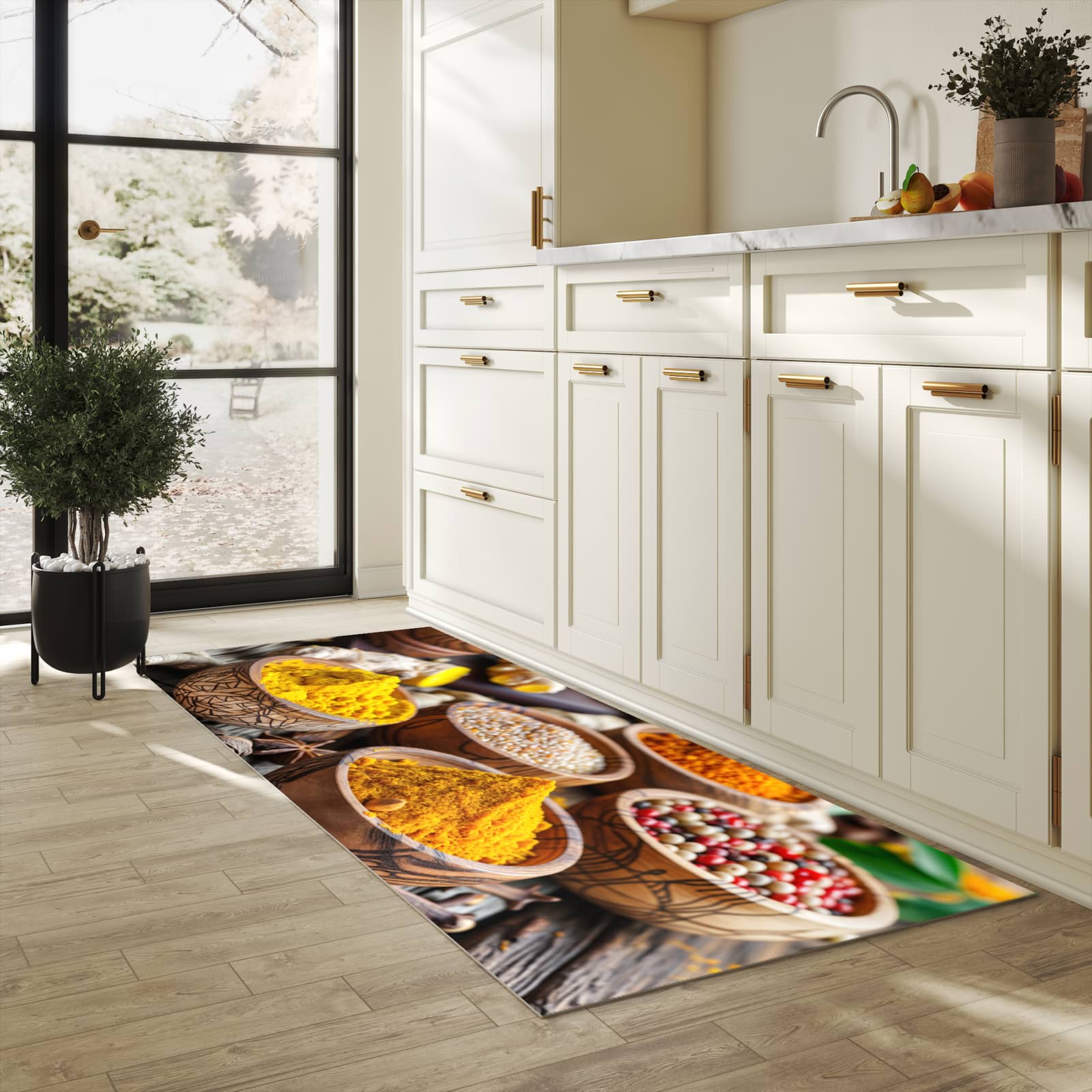 Geräuschdämpfender waschbarer Küchenläufer mit Motiv Gewürze in Schalen in heller Küche