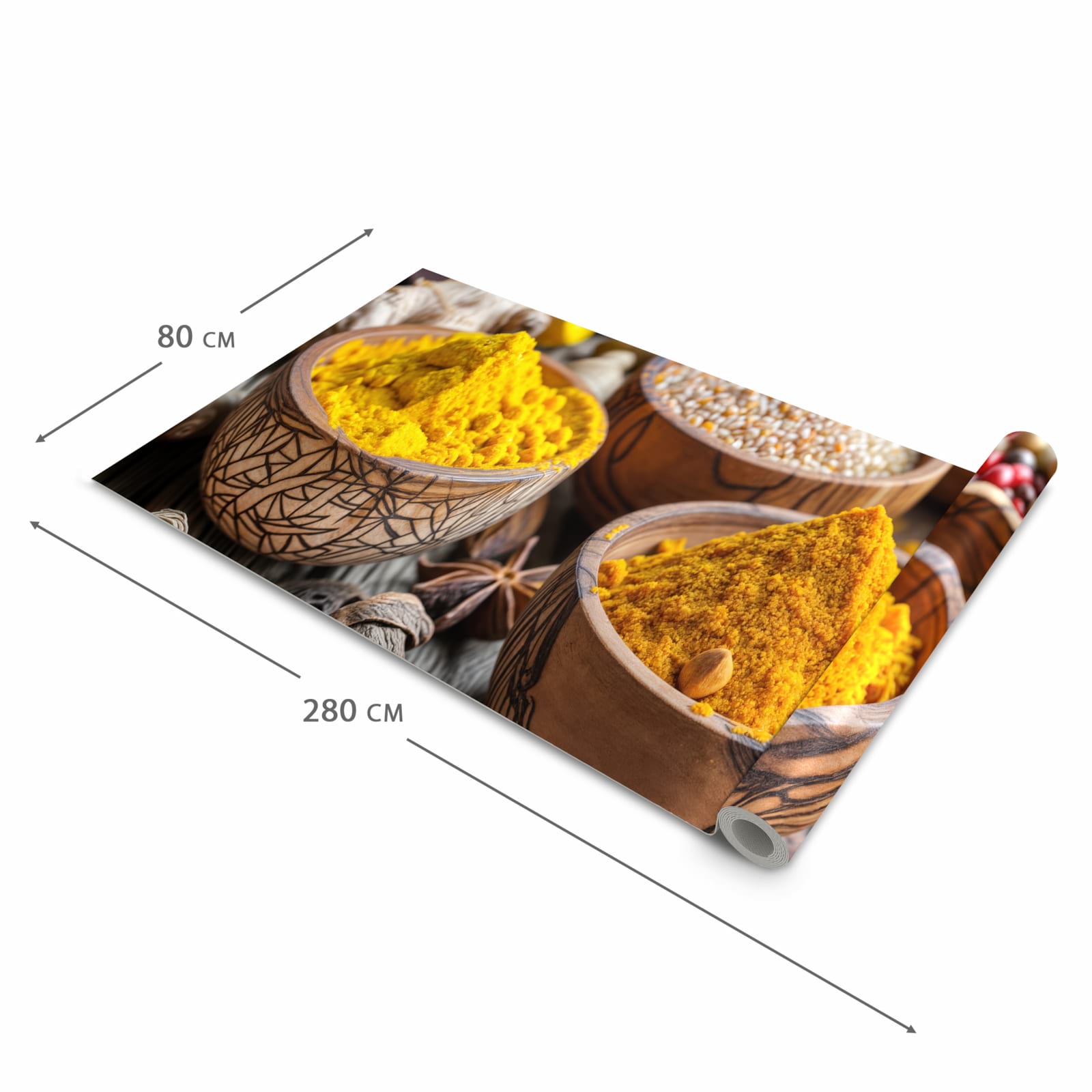 UV-beständiger Küchenläufer mit Motiv Gewürze in Schalen in der Grösse 90x240 cm