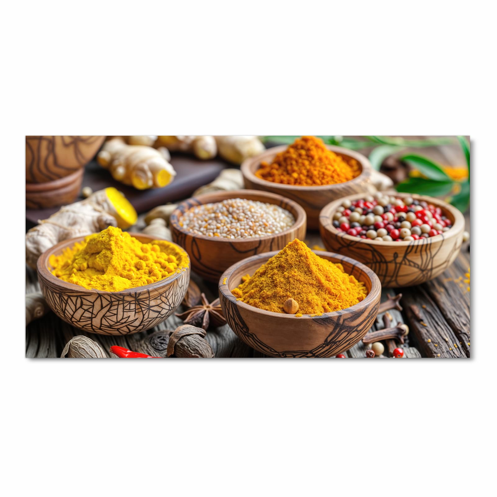 Pflegeleichter rutschfester Küchenläufer mit Motiv Gewürze in Schalen in Frontansicht