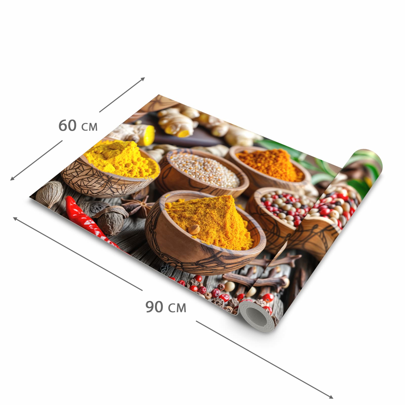 Zeitsparender waschbarer Küchenteppich mit Motiv Gewürze in Schalen in der Grösse 90x180 cm