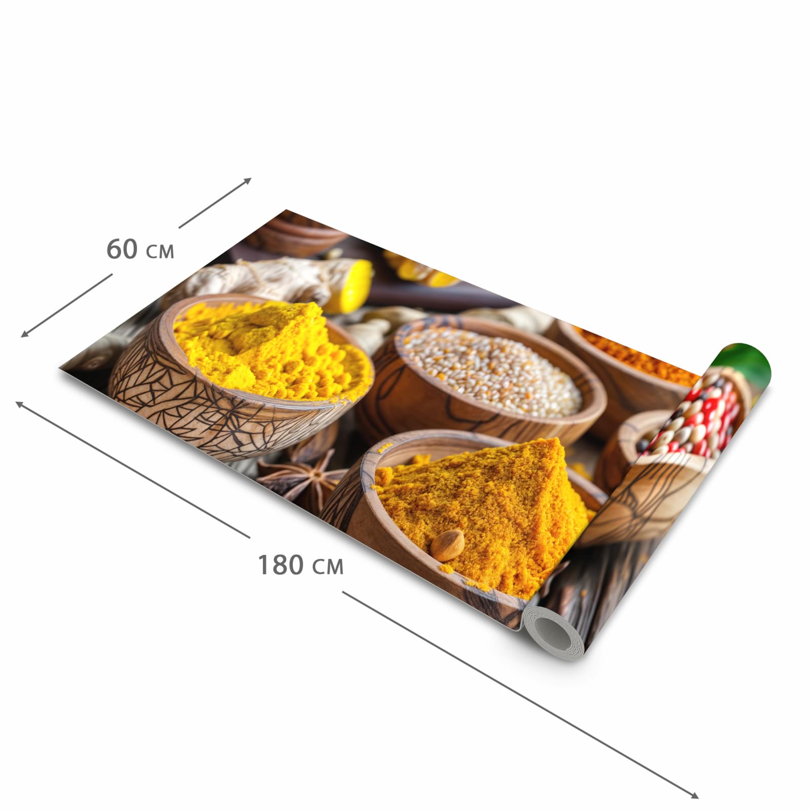 Bodenschonender Küchenläufer mit Motiv Gewürze in Schalen in der Größe 90x180 cm