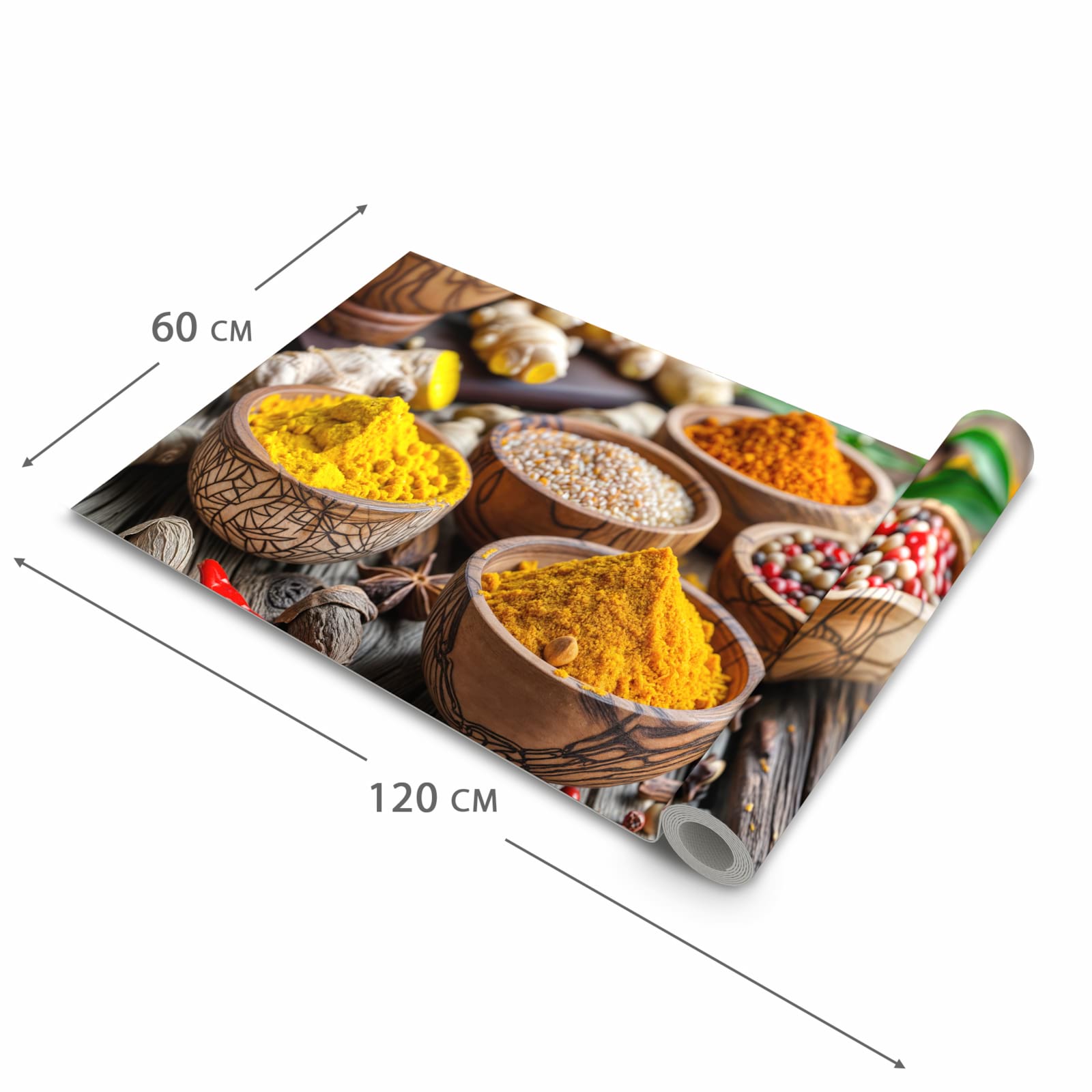 Bodenschonender Küchenteppich mit Motiv Gewürze in Schalen in der Grösse 90x180 cm