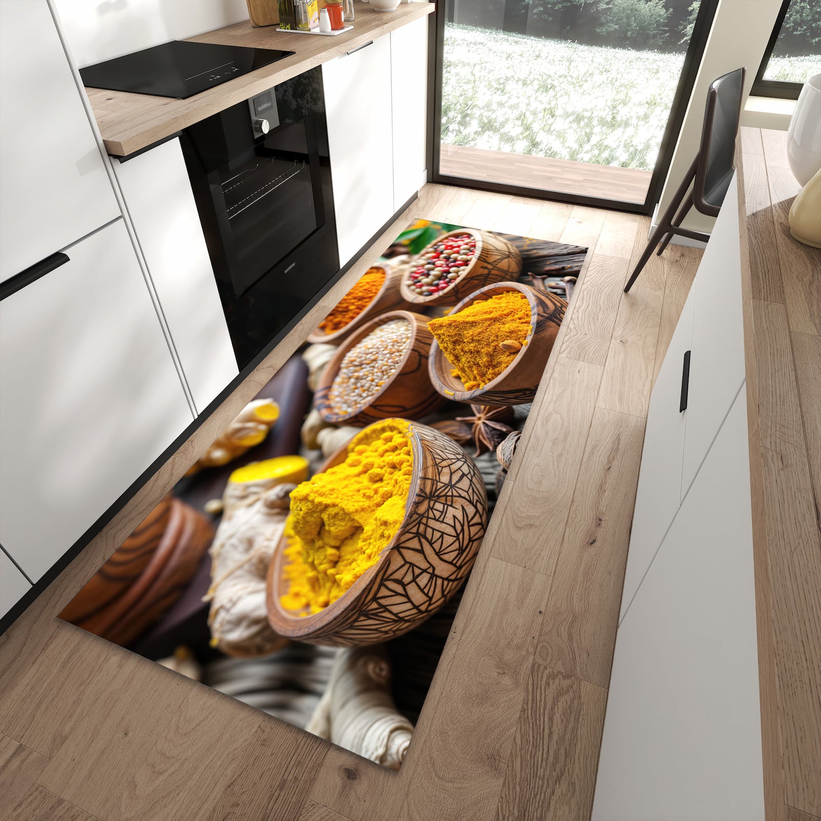 Schmutzabweisender Teppich für die Küche mit Motiv Gewürze in Schalen in moderner Küche