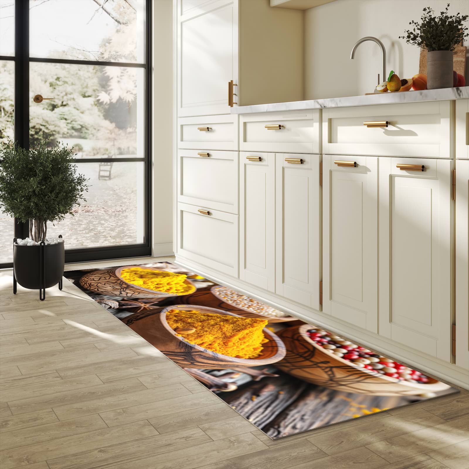 Formstabiler waschbarer Küchenteppich mit Motiv Gewürze in Schalen in heller Küche