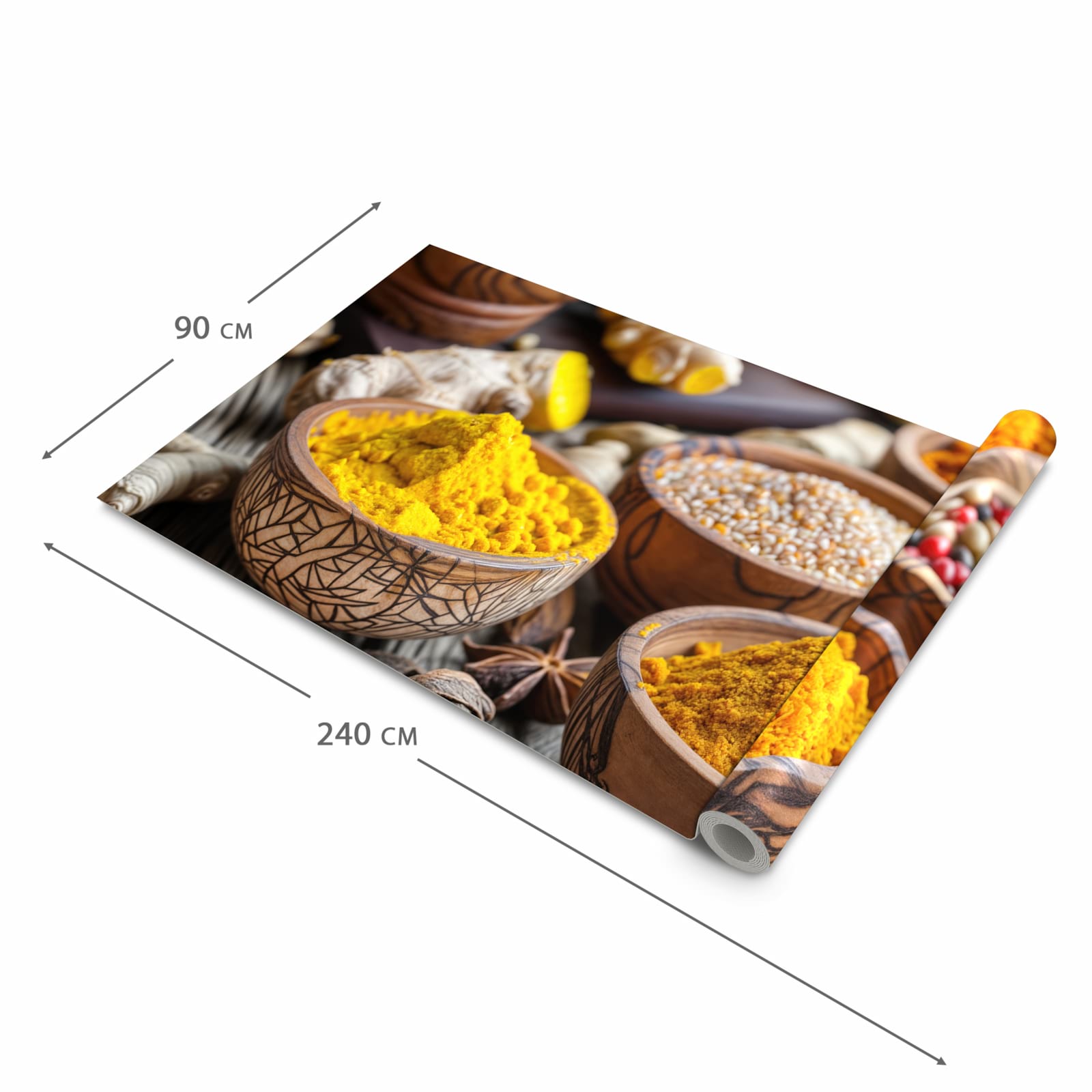 Fleckenresistenter langer Teppich mit Motiv Gewürze in Schalen in der Grösse 90x240 cm