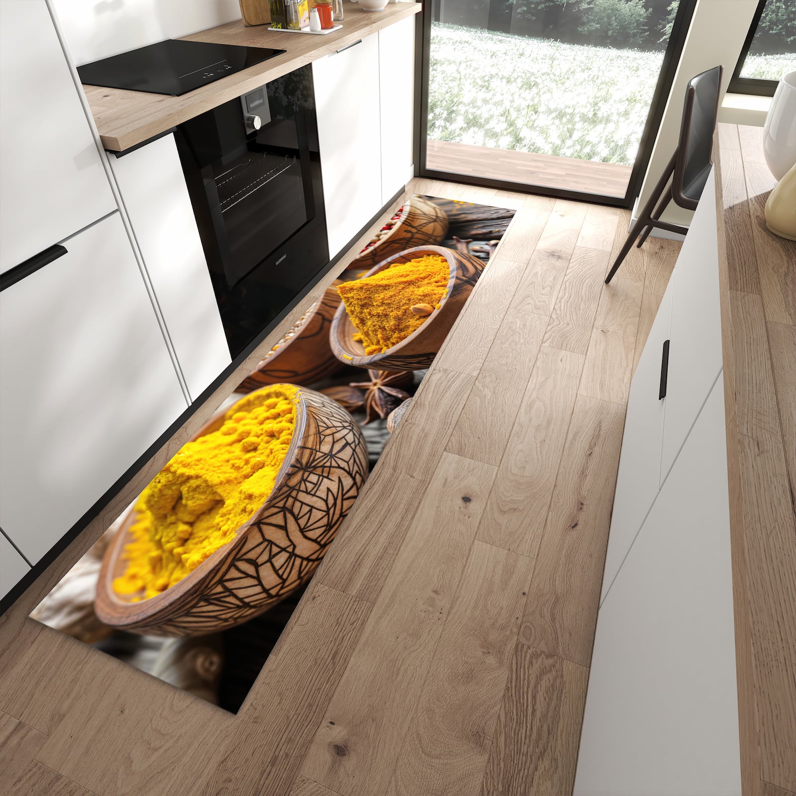Waschbarer Küchenläufer mit Motiv Gewürze in Schalen in moderner Küche für sichere Aufbewahrung