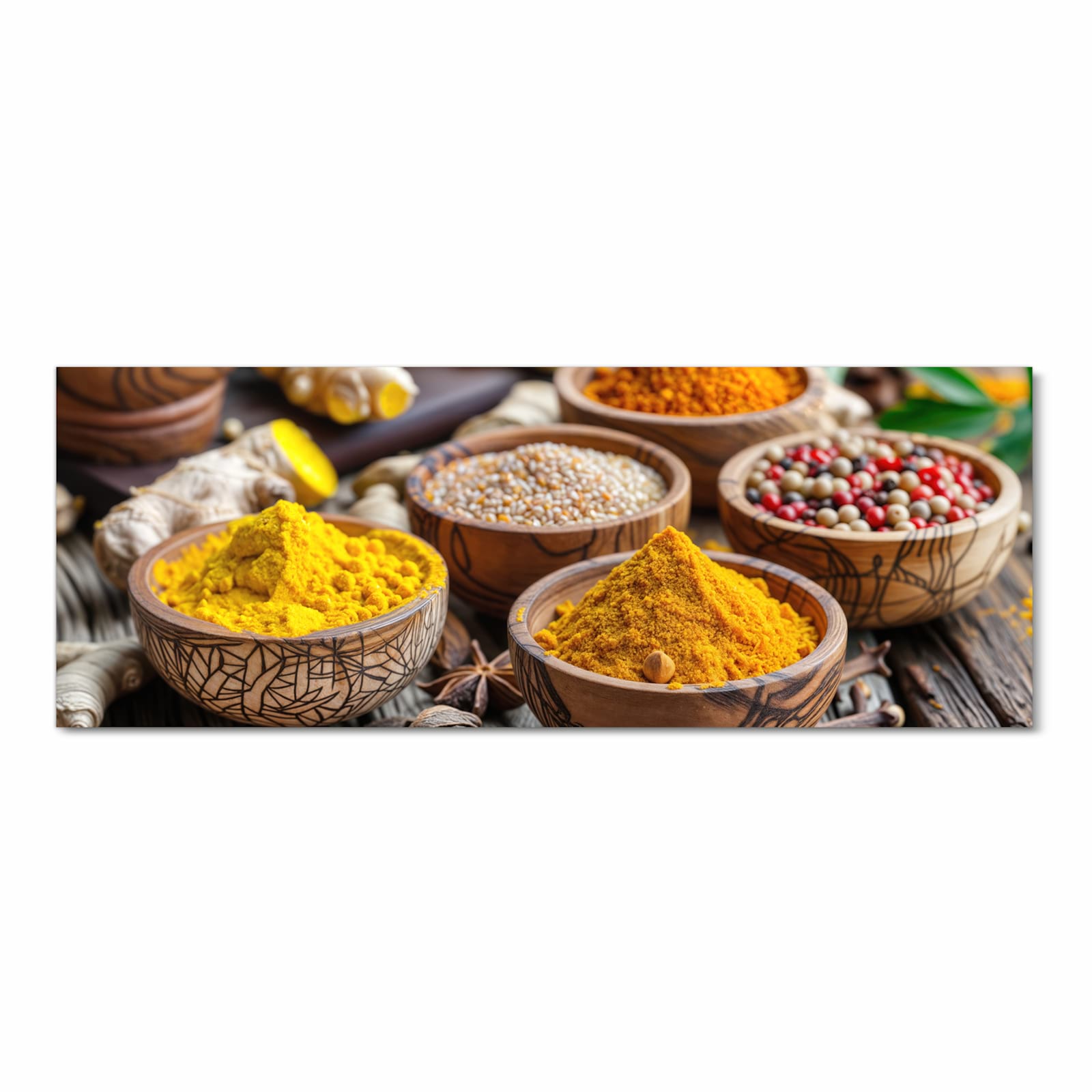 Feuchtigkeitsresistenter Küchenteppich mit Motiv Gewürze in Schalen in Frontansicht