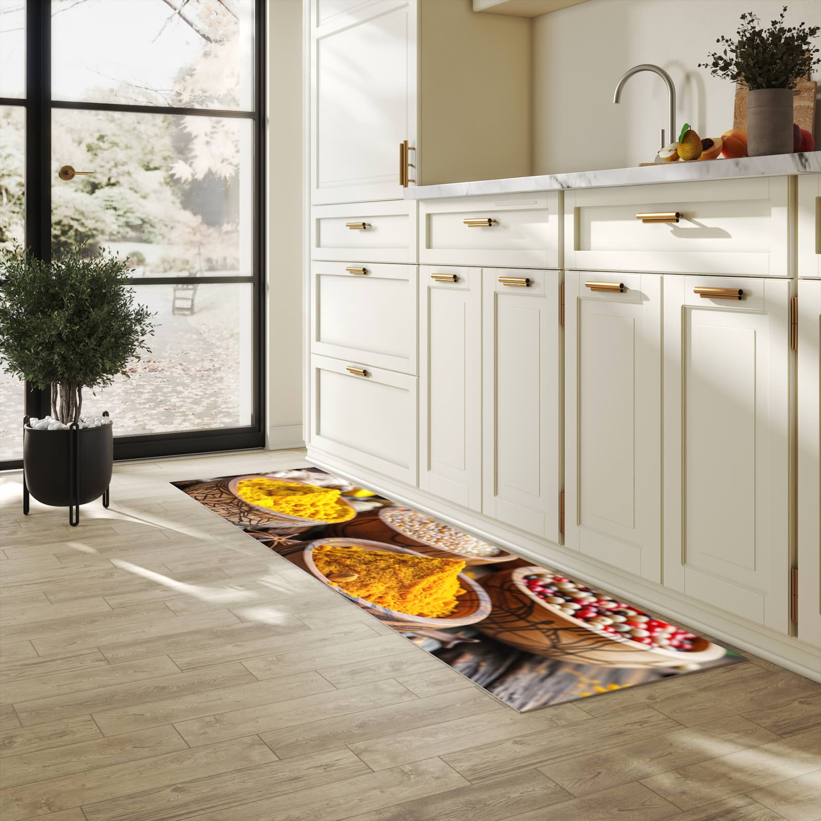 Rutschfester Küchenteppich mit Motiv Gewürze in Schalen in heller Küche