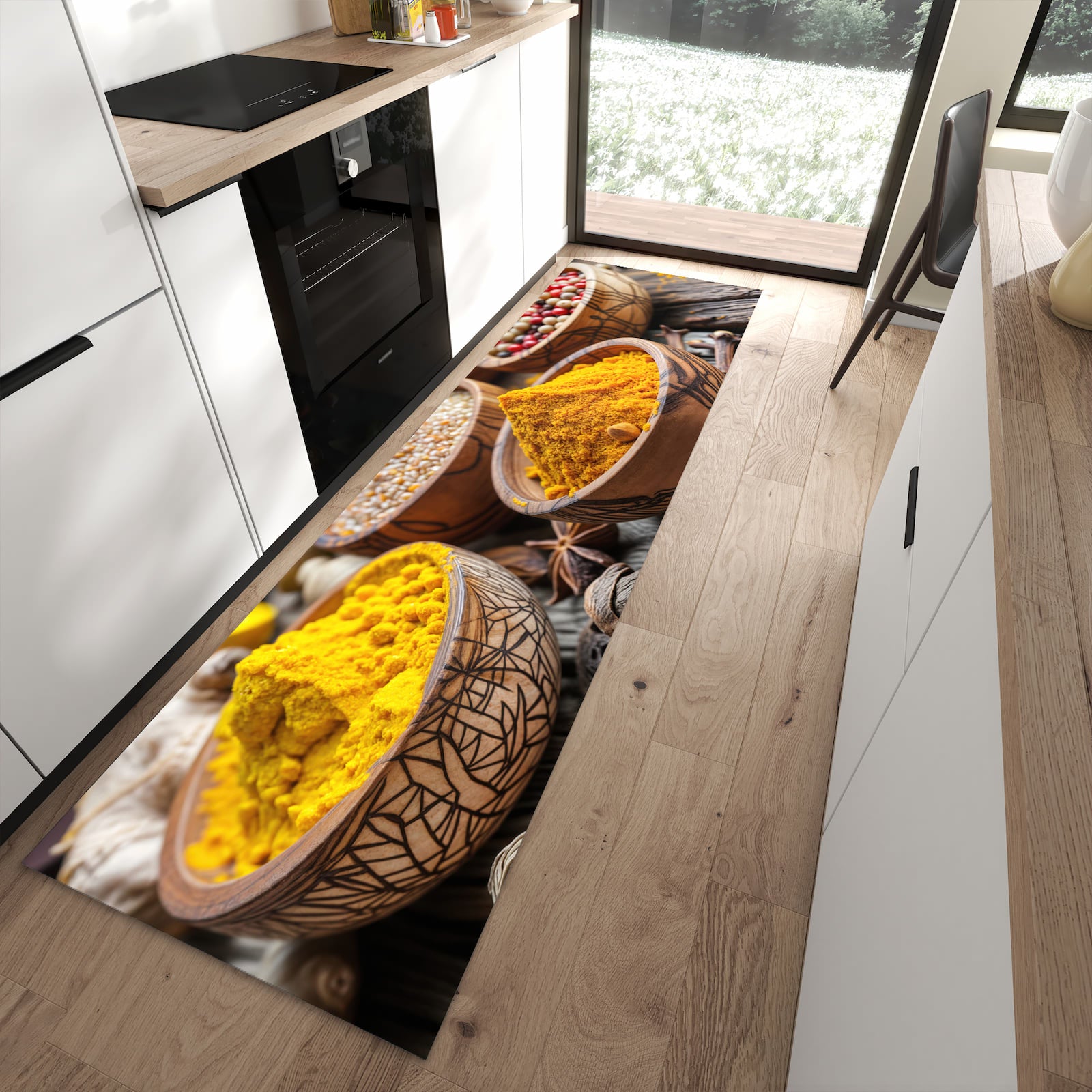 Komfortabler Küchenteppich mit Motiv Gewürze in Schalen in moderner Küche