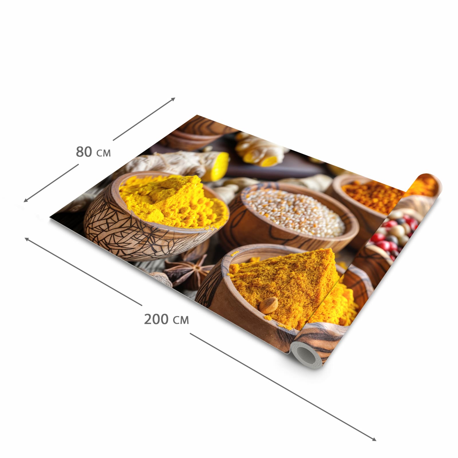 Geräuschdämpfender Küchenläufer mit Motiv Gewürze in Schalen in der Grösse 90x180 cm