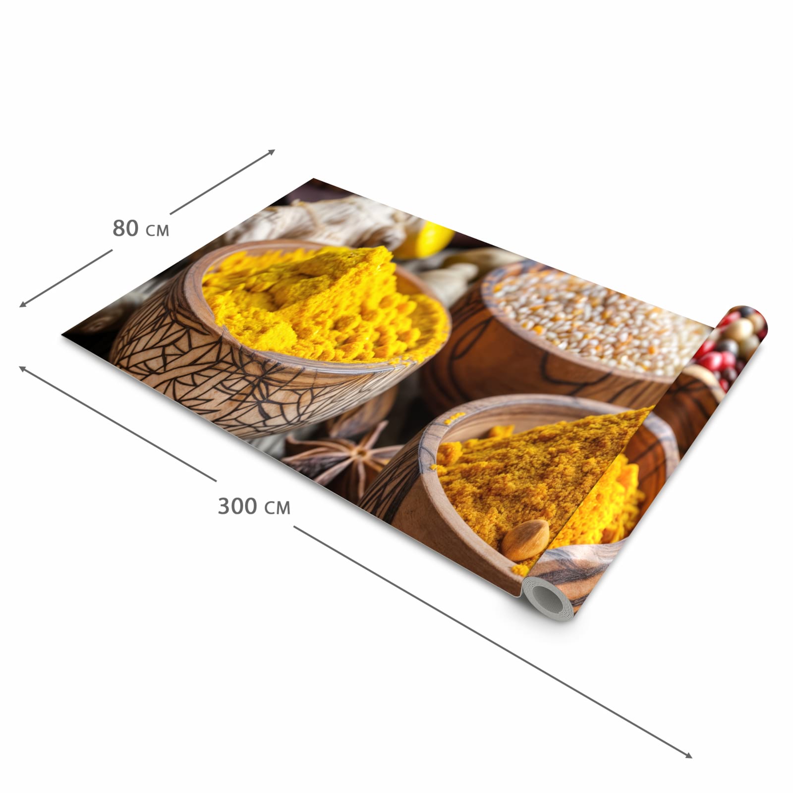Waschbarer Küchenläufer mit Motiv Gewürze in Schalen in der Grösse 90x240 cm für Trittkomfort