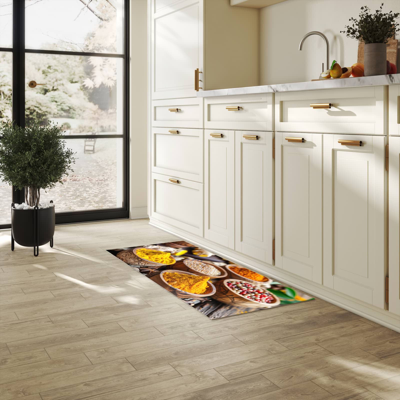 Waschbarer Küchenteppich mit Motiv Gewürze in Schalen in heller Küche