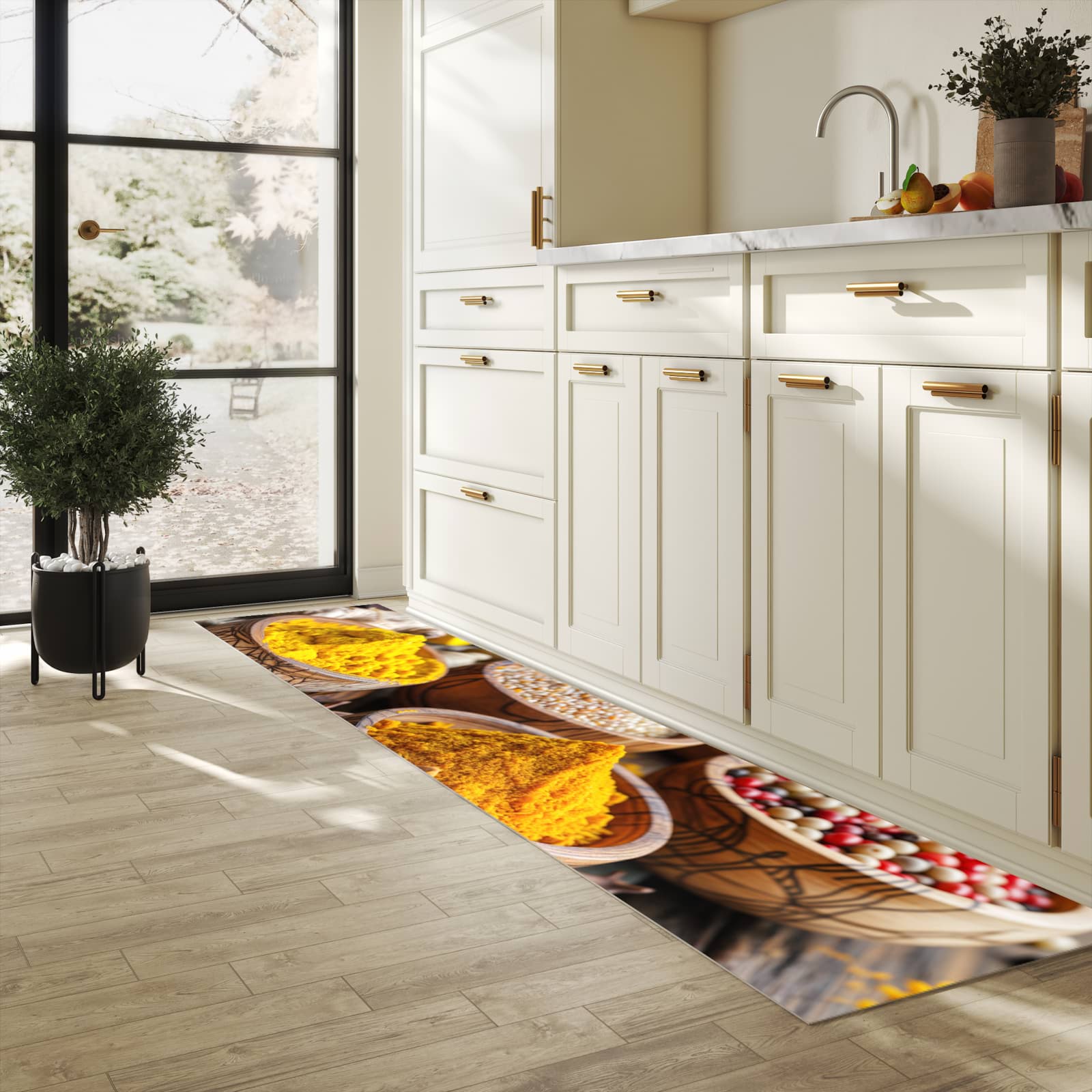 Waschbarer Küchenteppich mit Motiv Gewürze in Schalen in heller Küche schont den Boden