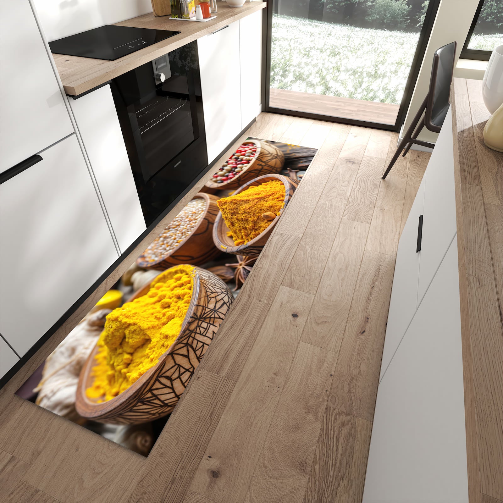 Formstabiler Küchenläufer nach Maß mit Motiv Gewürze in Schalen in moderner Küche