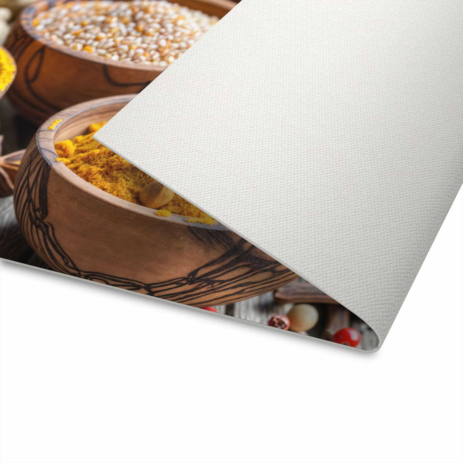 Abwaschbarer Küchenteppich mit Motiv Gewürze in Schalen für komfortables Stehen