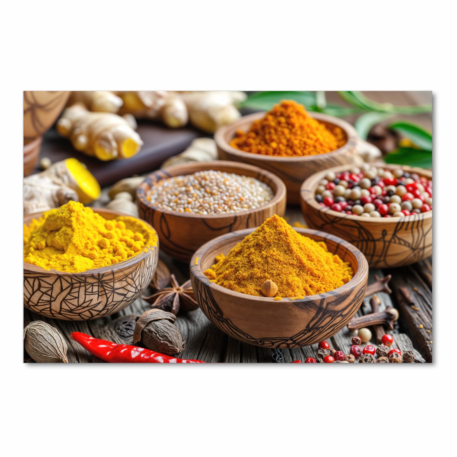 Strapazierfähiger waschbarer Küchenläufer mit Motiv Gewürze in Schalen in Frontansicht