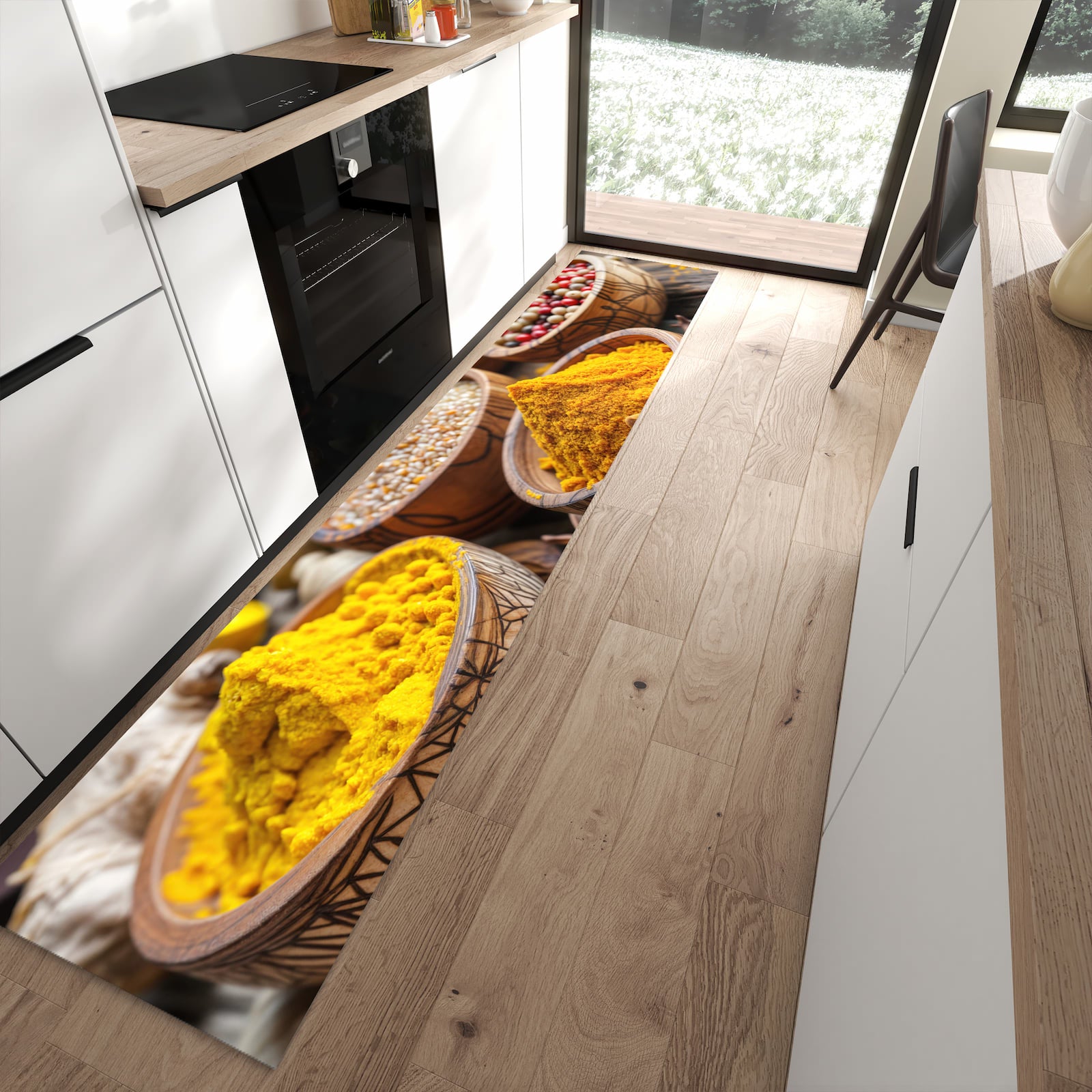 Zeitsparender moderner Küchenläufer mit Motiv Gewürze in Schalen in moderner Küche