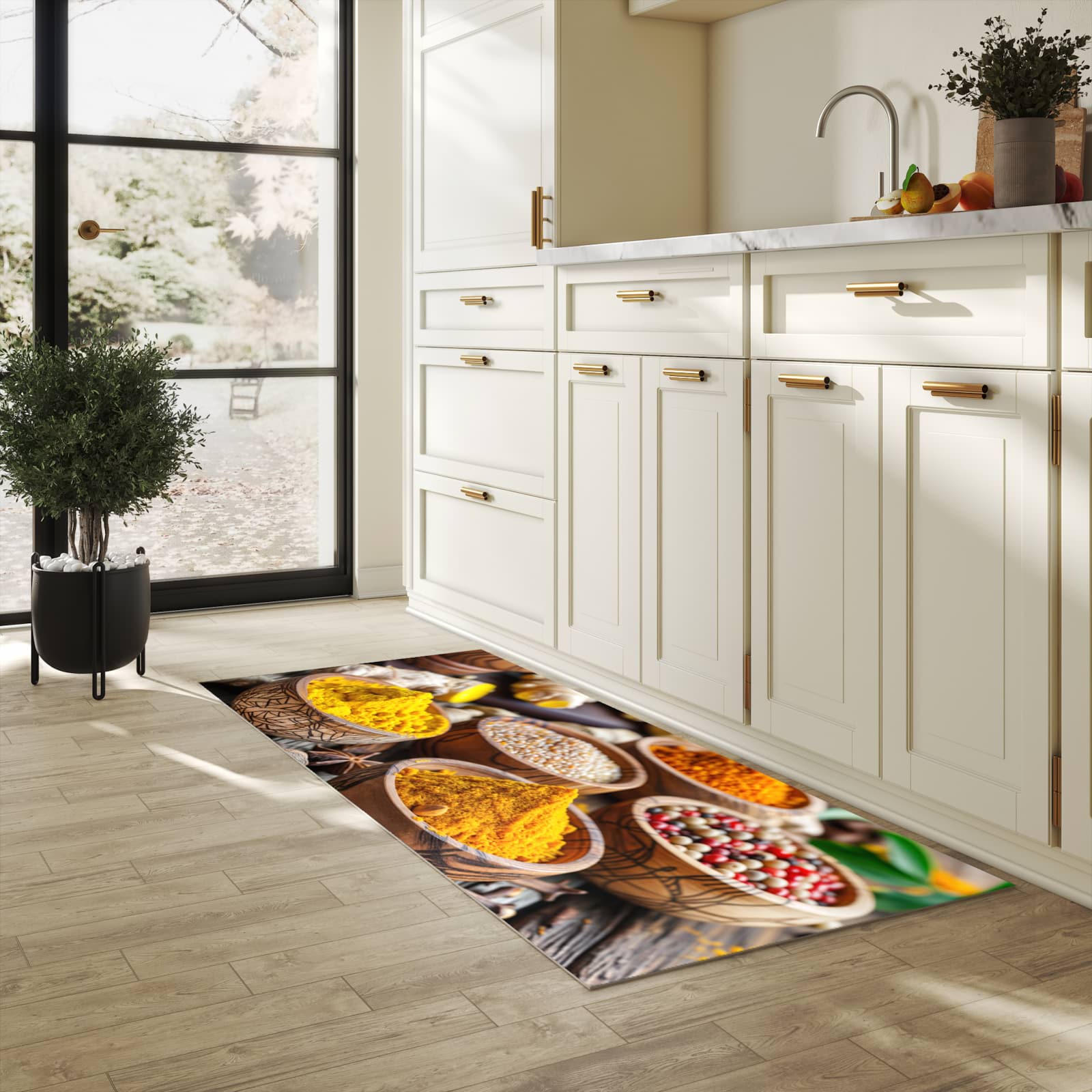 Bodenschonender großer Küchenteppich mit Motiv Gewürze in Schalen in heller Küche