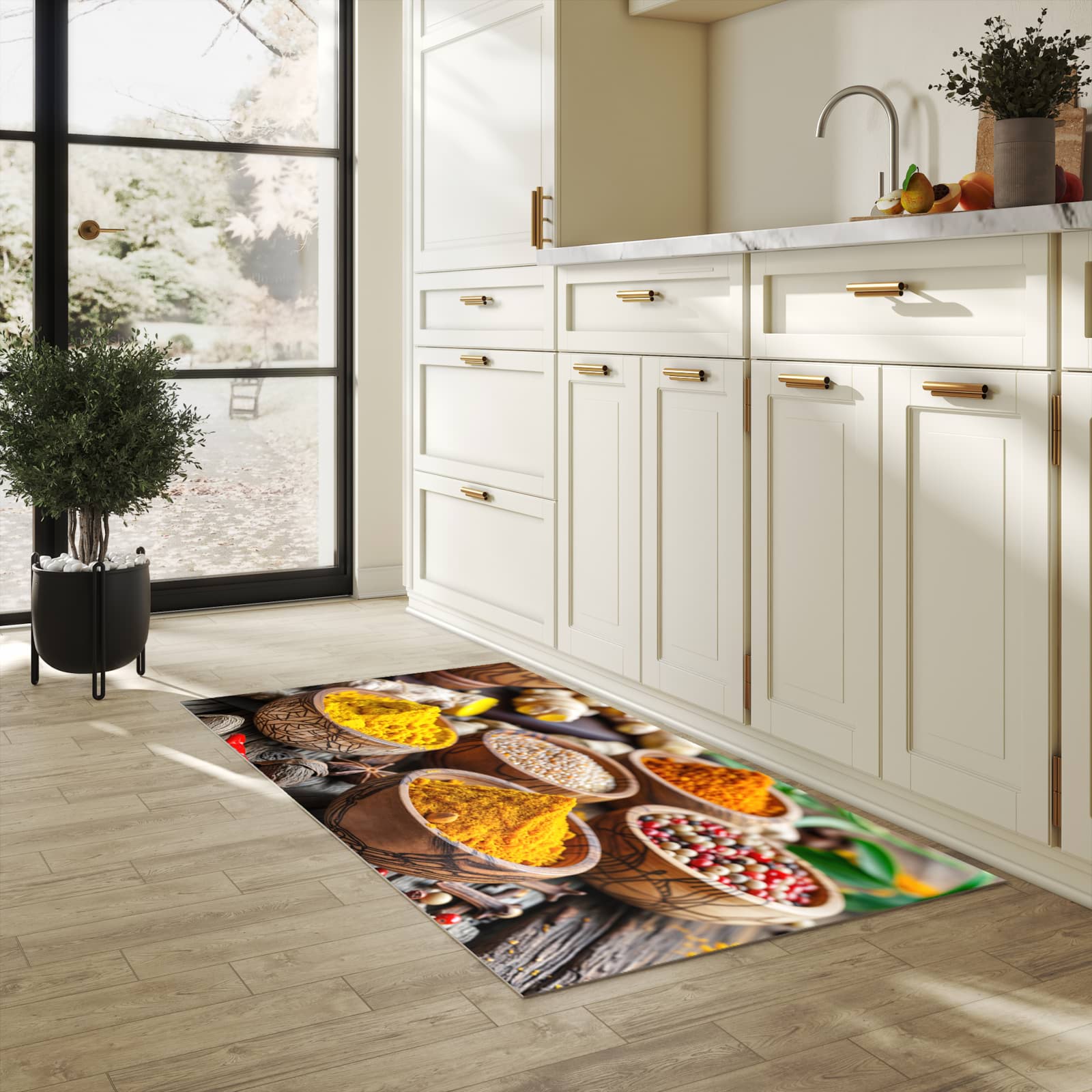 Zeitsparender Küchenläufer mit Motiv Gewürze in Schalen in heller Küche